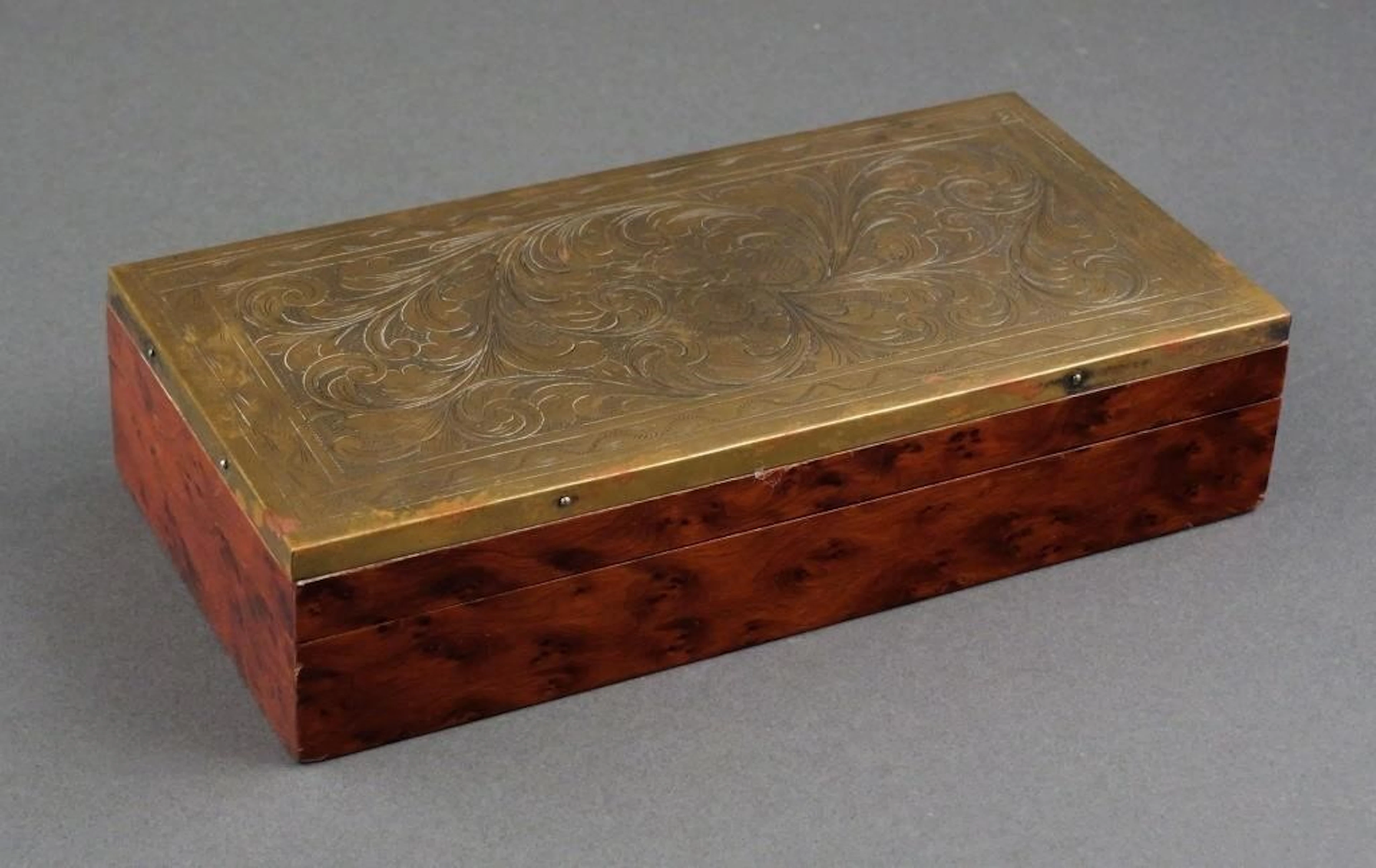 Burl Veneer & Engraved Brass Jewelry Box