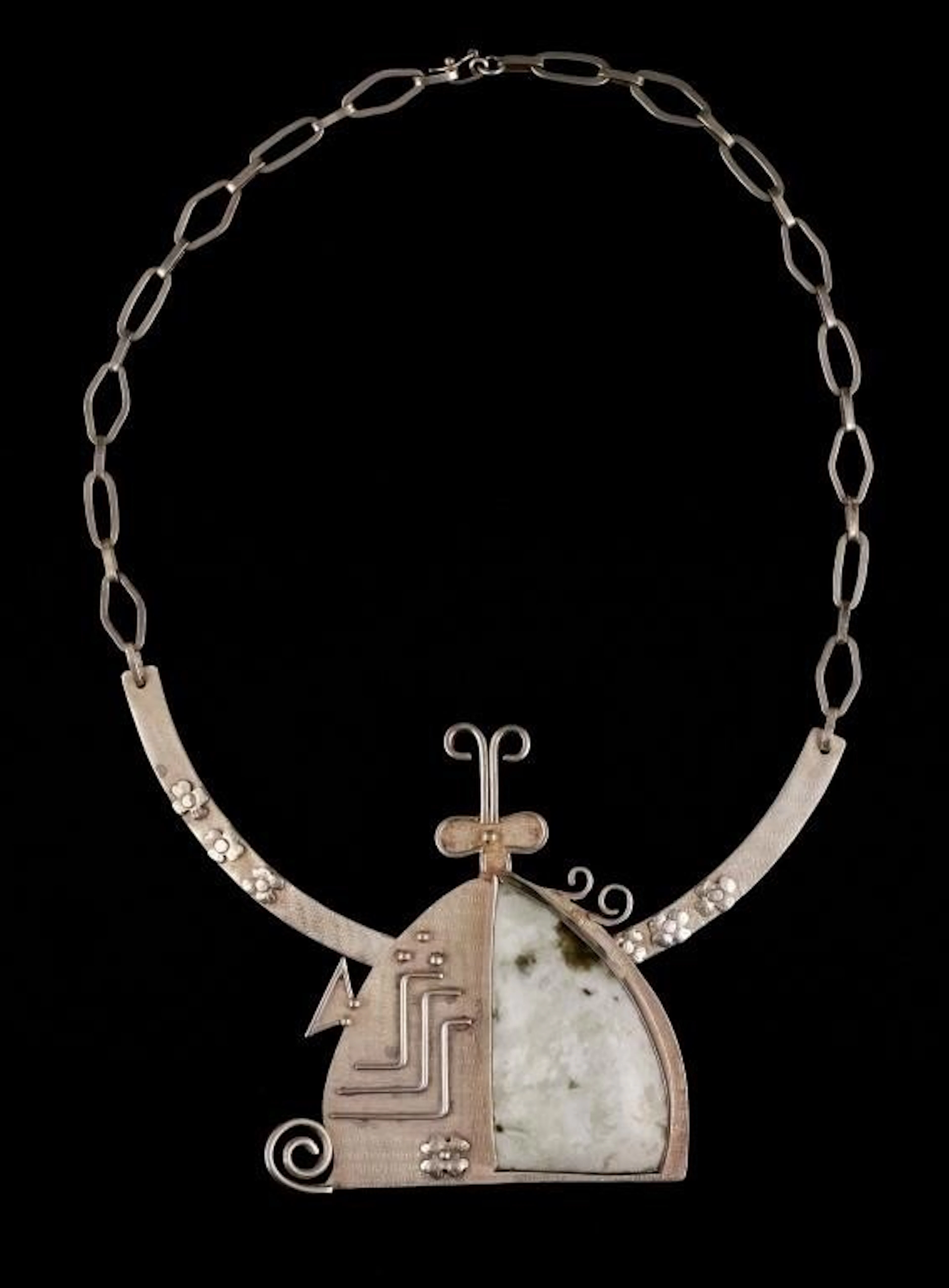 Silver and Jadeite Abstract Modernist Necklace