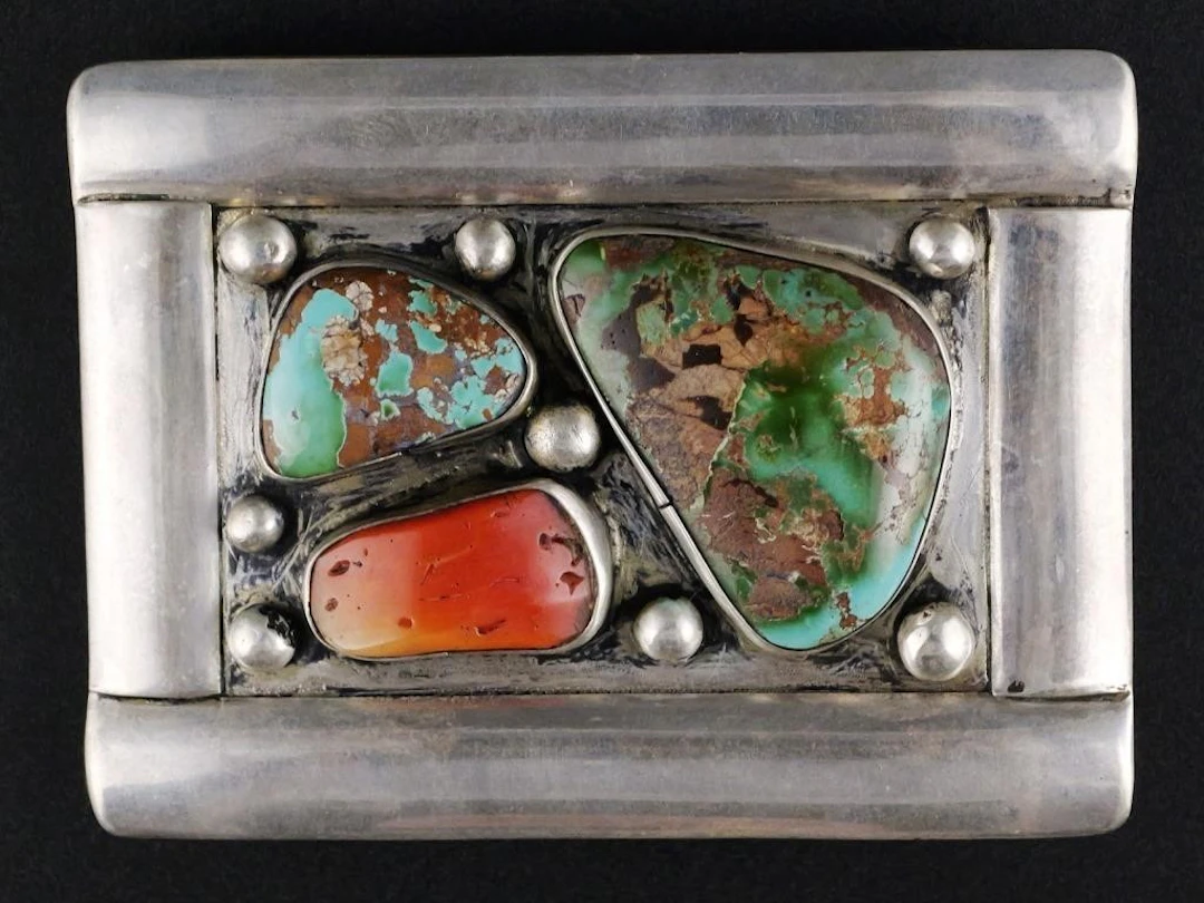 Navajo Silver Turquoise Coral Belt Buckle, Signed