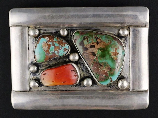 Navajo Silver Turquoise Coral Belt Buckle, Signed