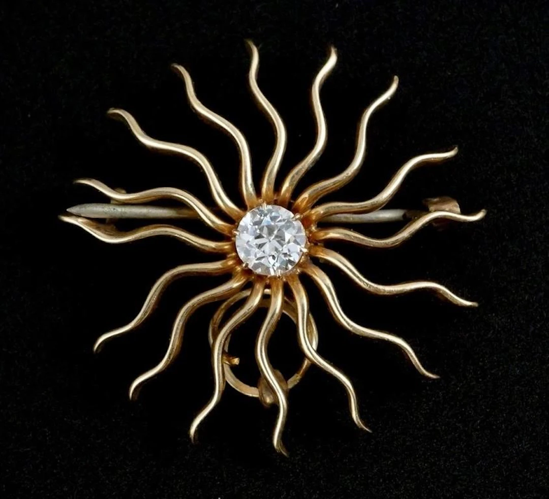 14KT Gold and Diamond Sunburst Brooch Pin
