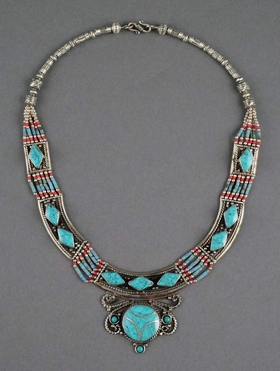 Tibetan Silver Coral Turquoise Necklace