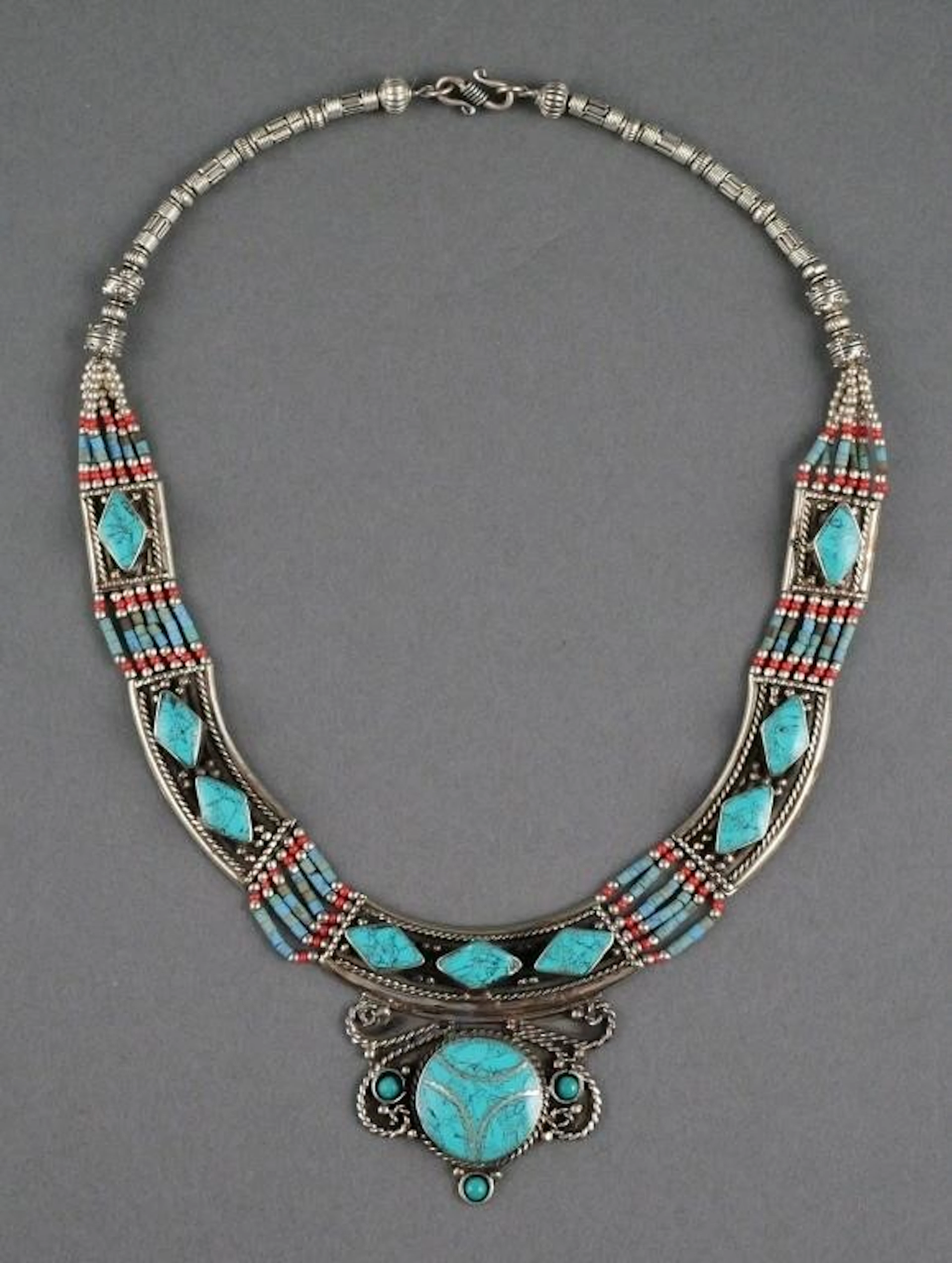 Tibetan Silver Coral Turquoise Necklace