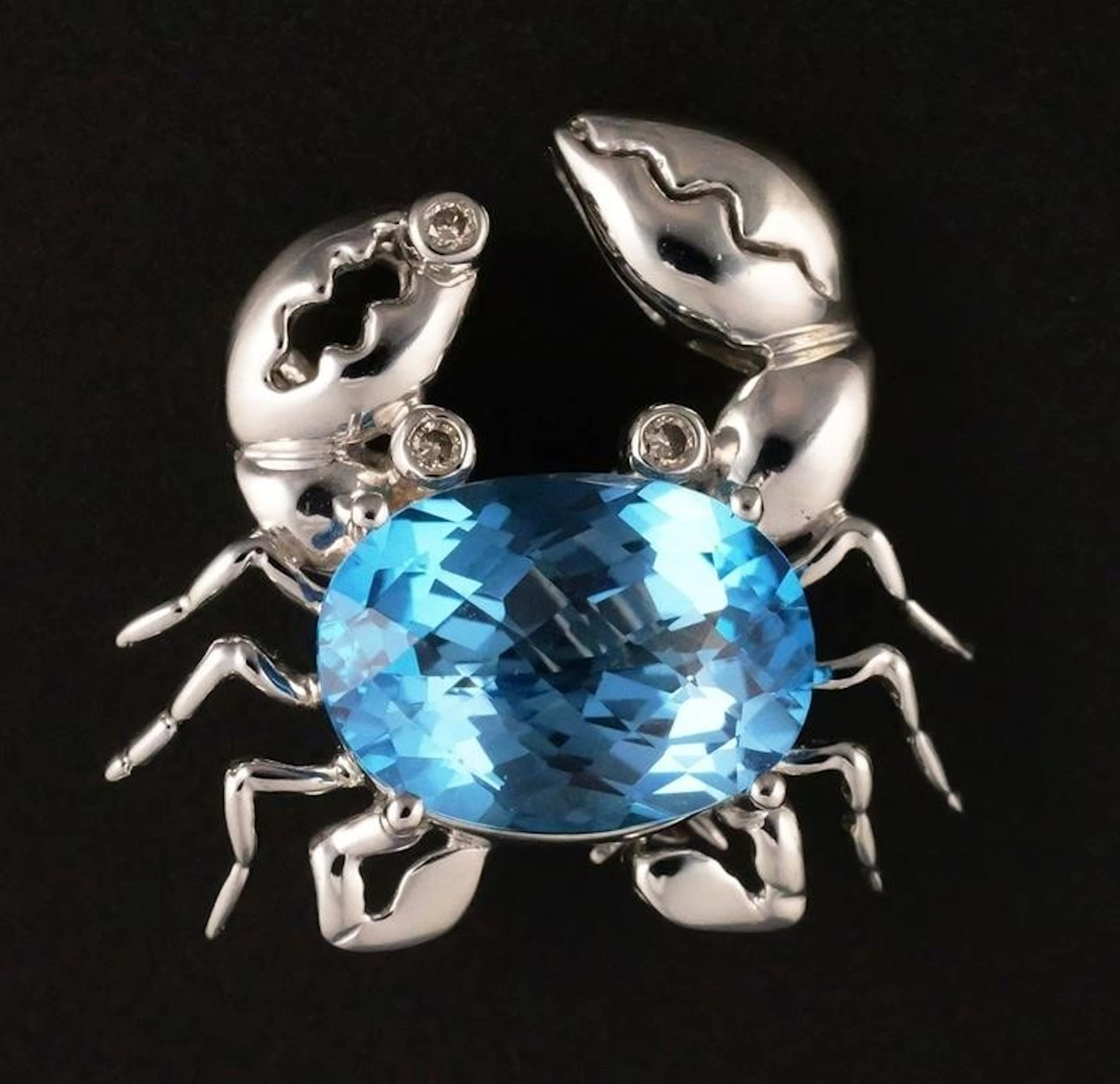 14K White Gold Blue Topaz Diamond Crab Brooch