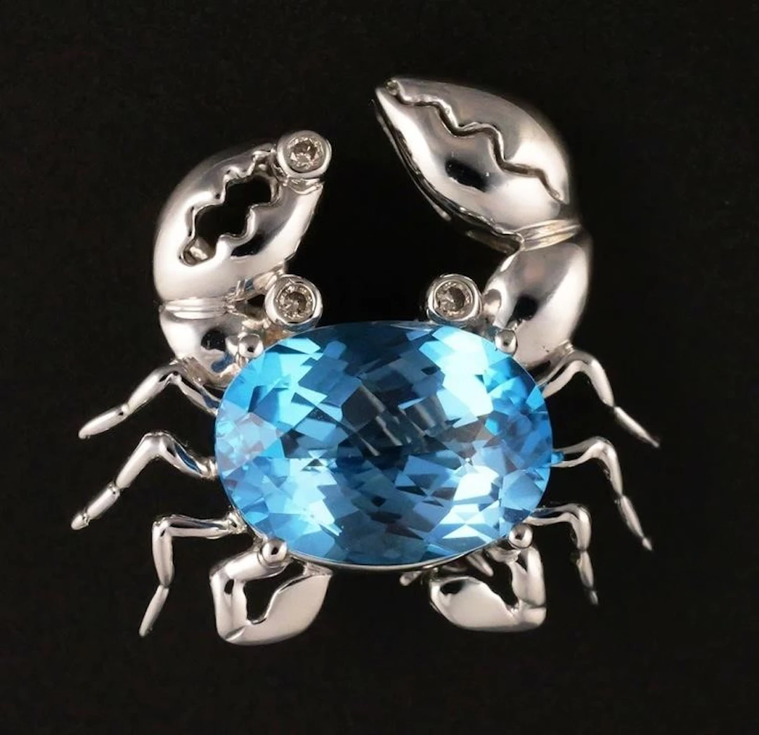 14K White Gold Blue Topaz Diamond Crab Brooch