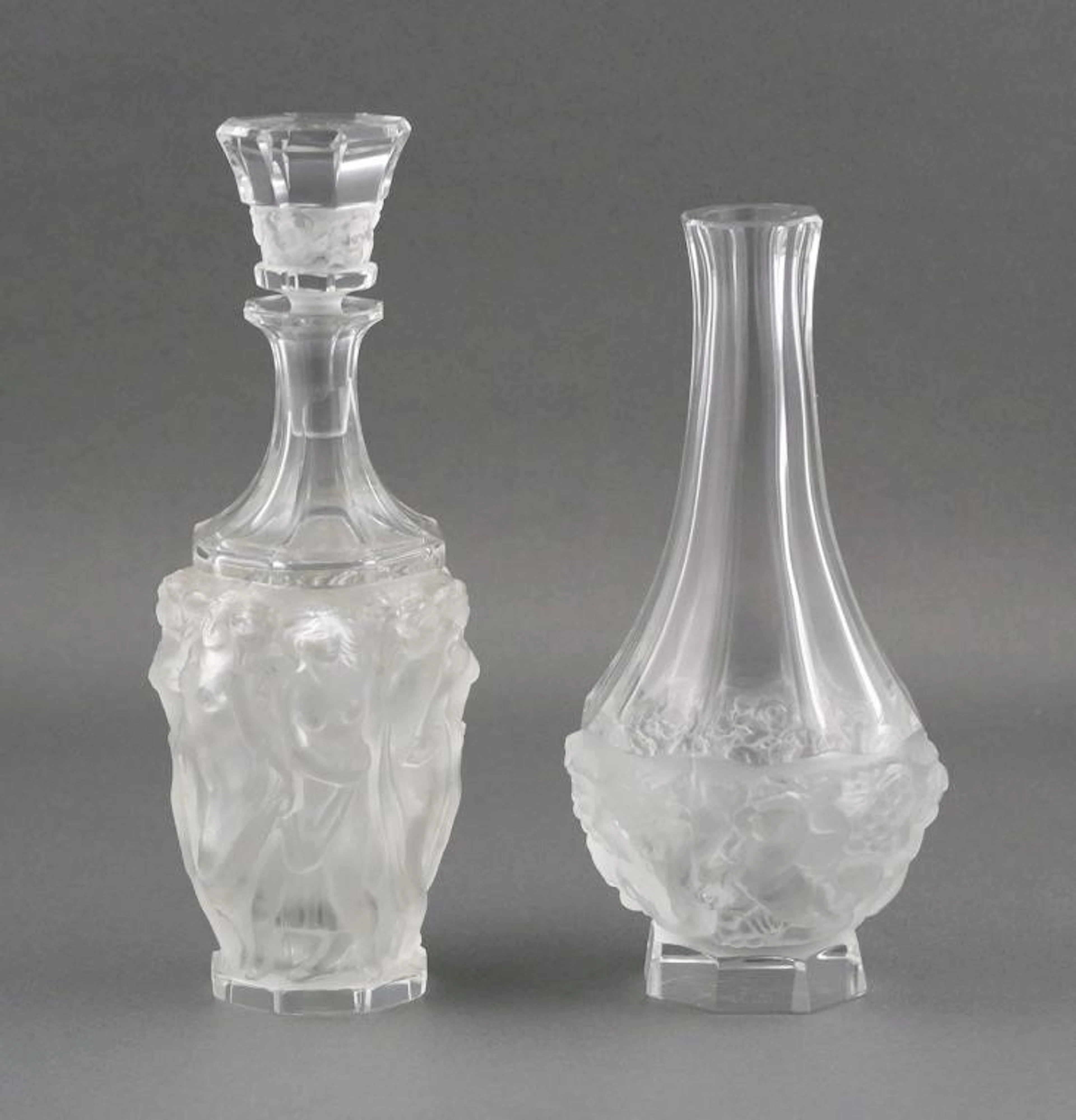 (2) Frosted Crystal Lalique Style Decanters Vases
