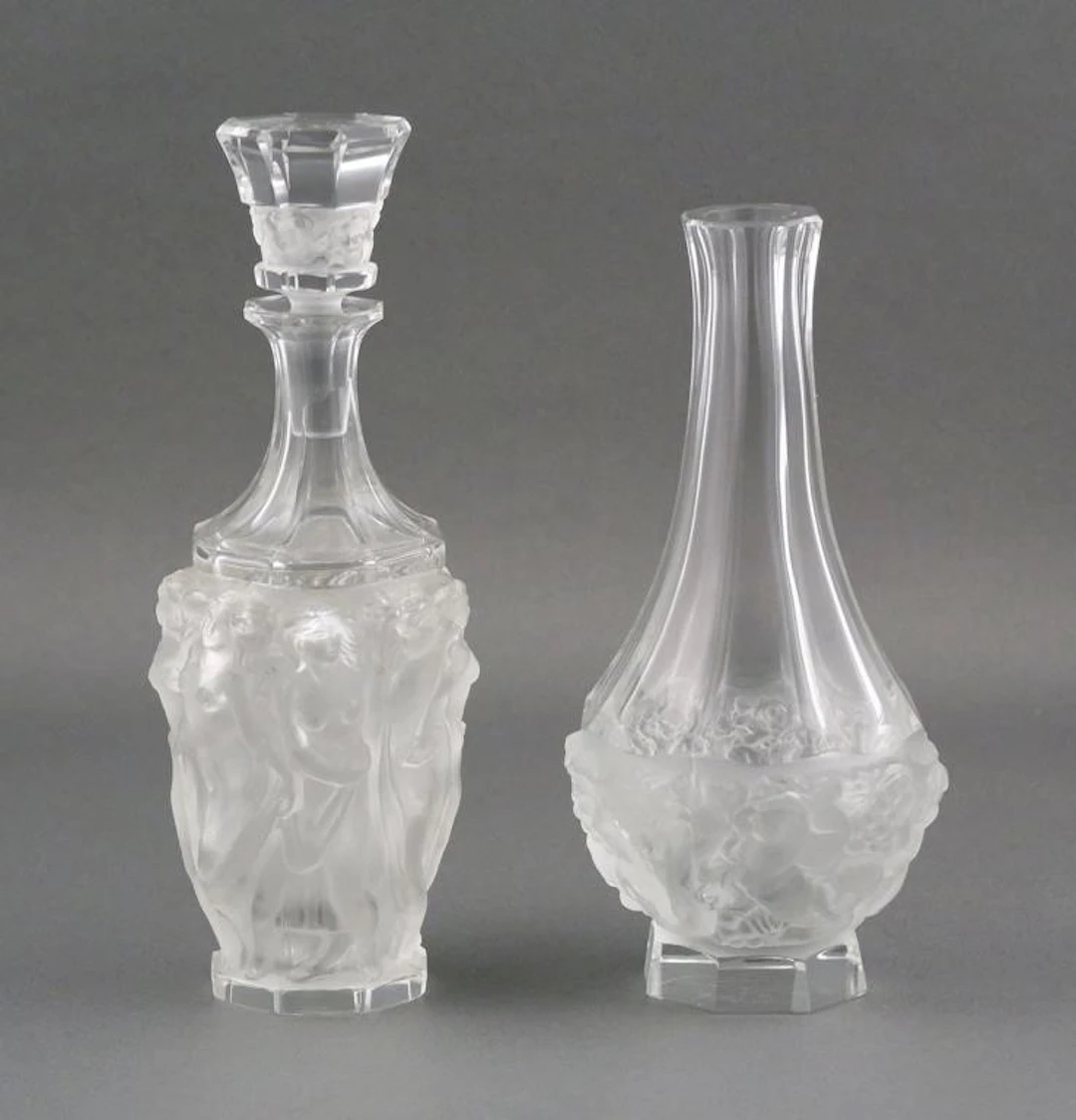 (2) Frosted Crystal Lalique Style Decanters Vases