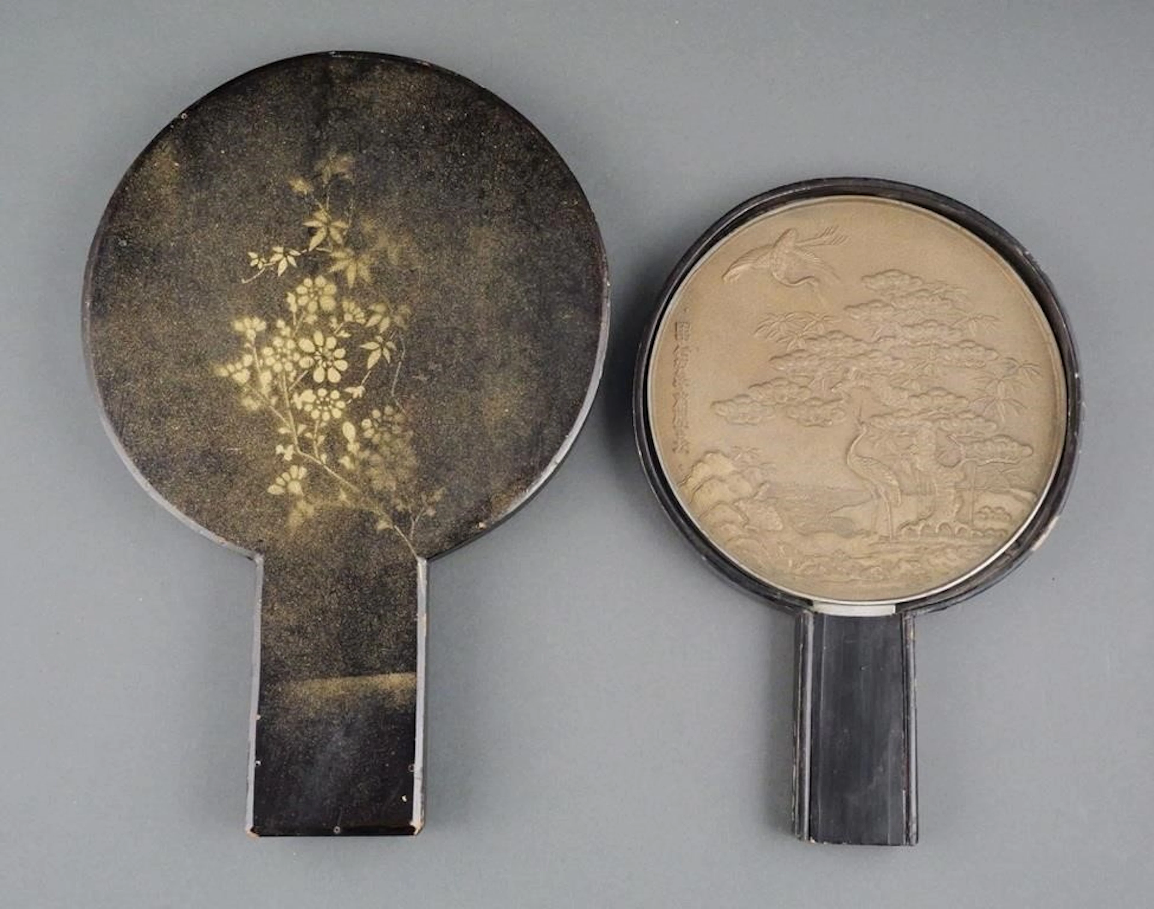 (2) Japanese Bronze Crane & Pine Hand Mirrors