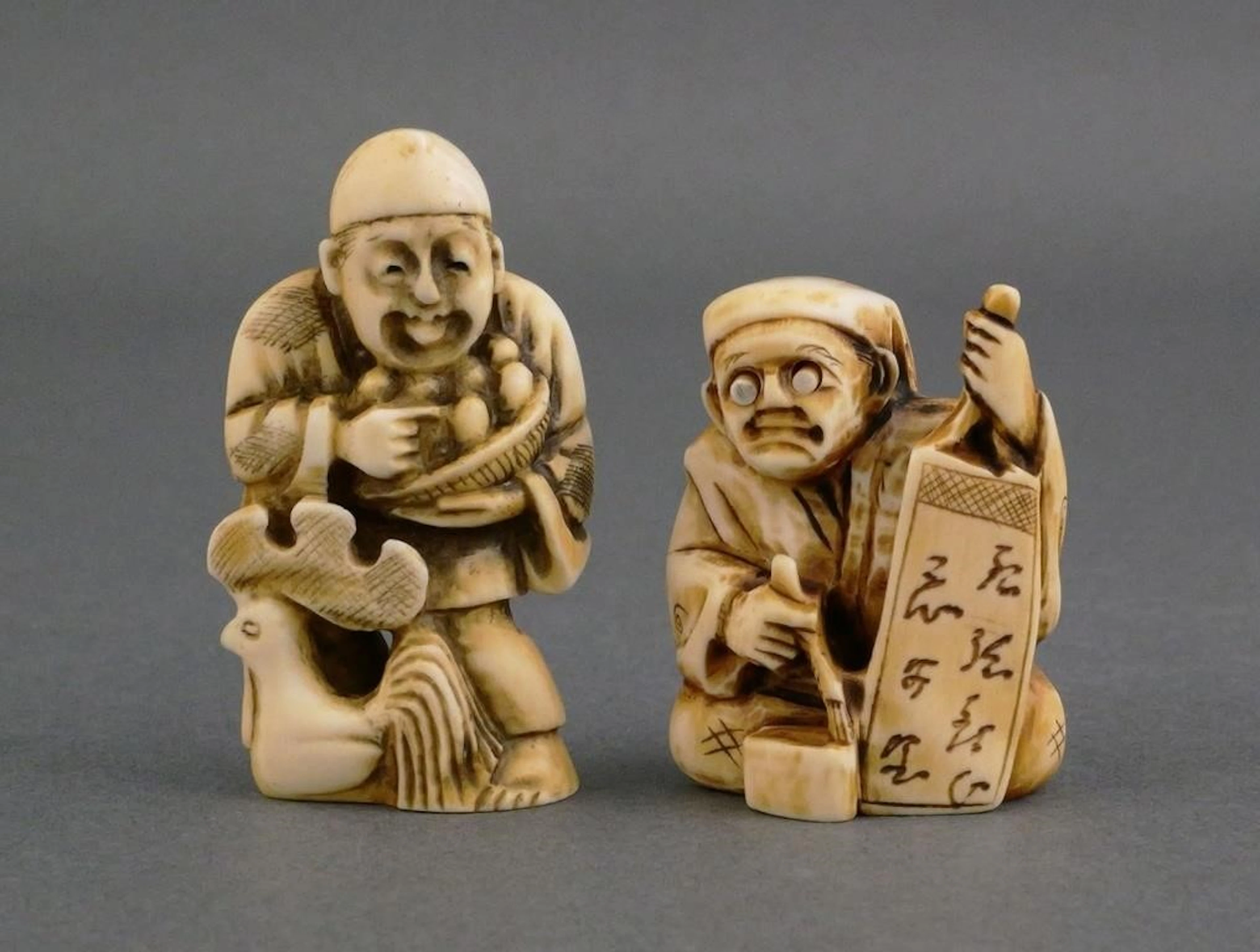 (2) Vintage Carved Ivory Netsuke Figures