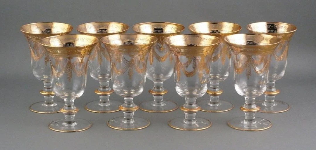(9) Arte Italica Medici Gold Crystal Water Goblets