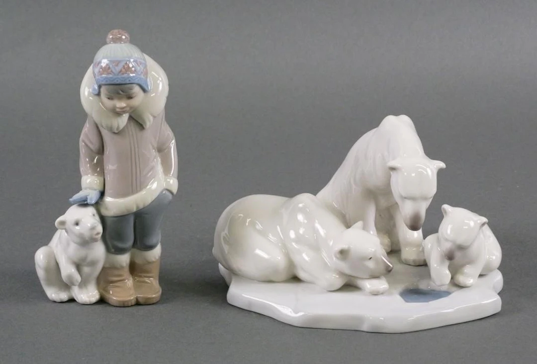 (2) Lladro Porcelain Polar Bear Figurines