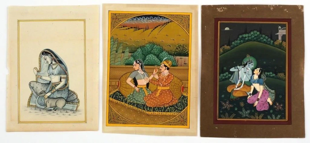 (3) Vintage Mughal Gouache Miniature Paintings