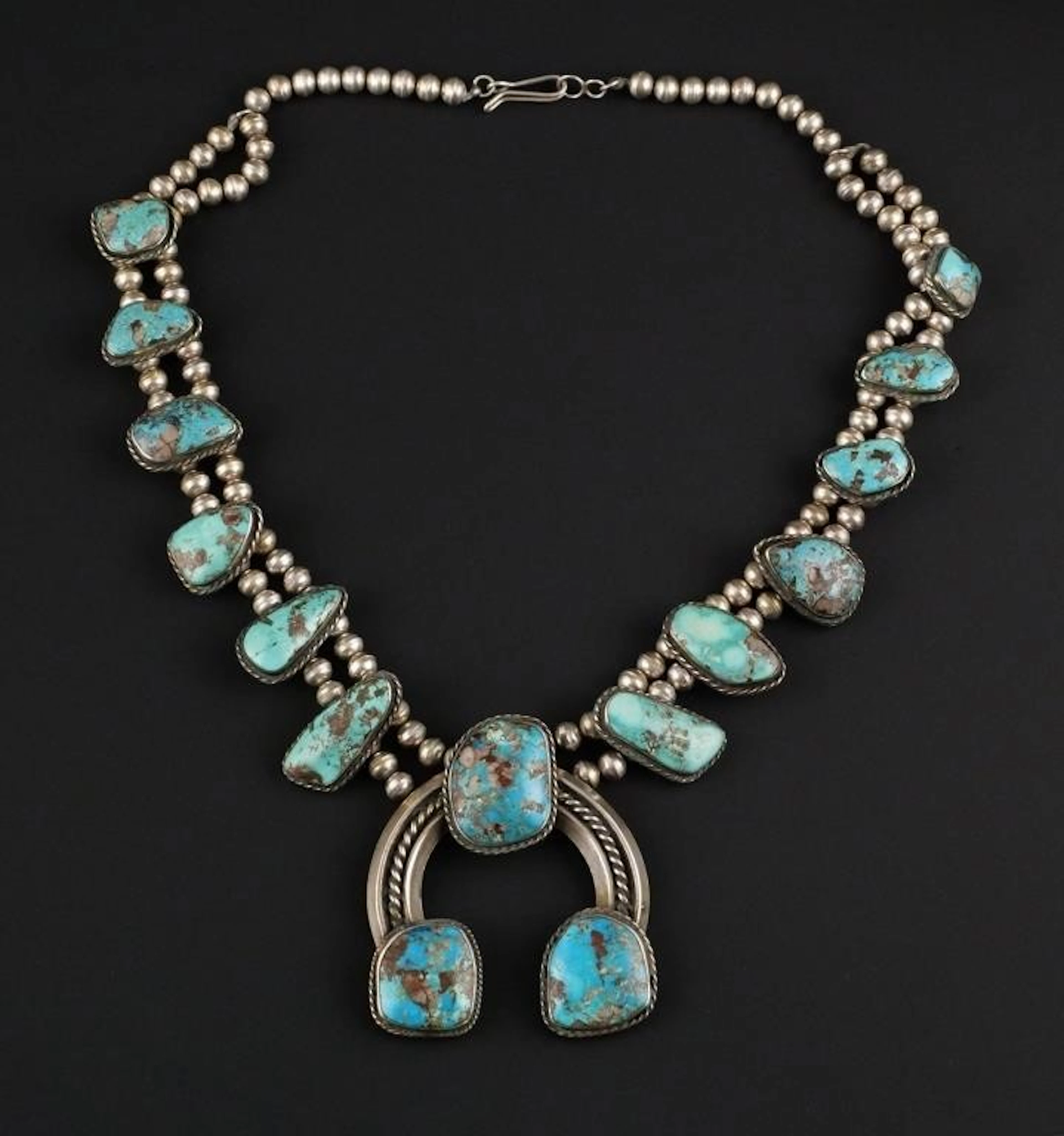 Navajo Silver Turquoise Squash Blossom, Signed