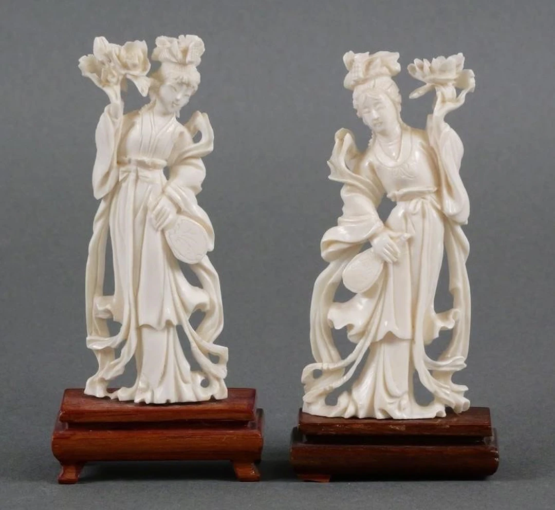 (2) Vintage Carved Ivory Chinese Guanyin Figures