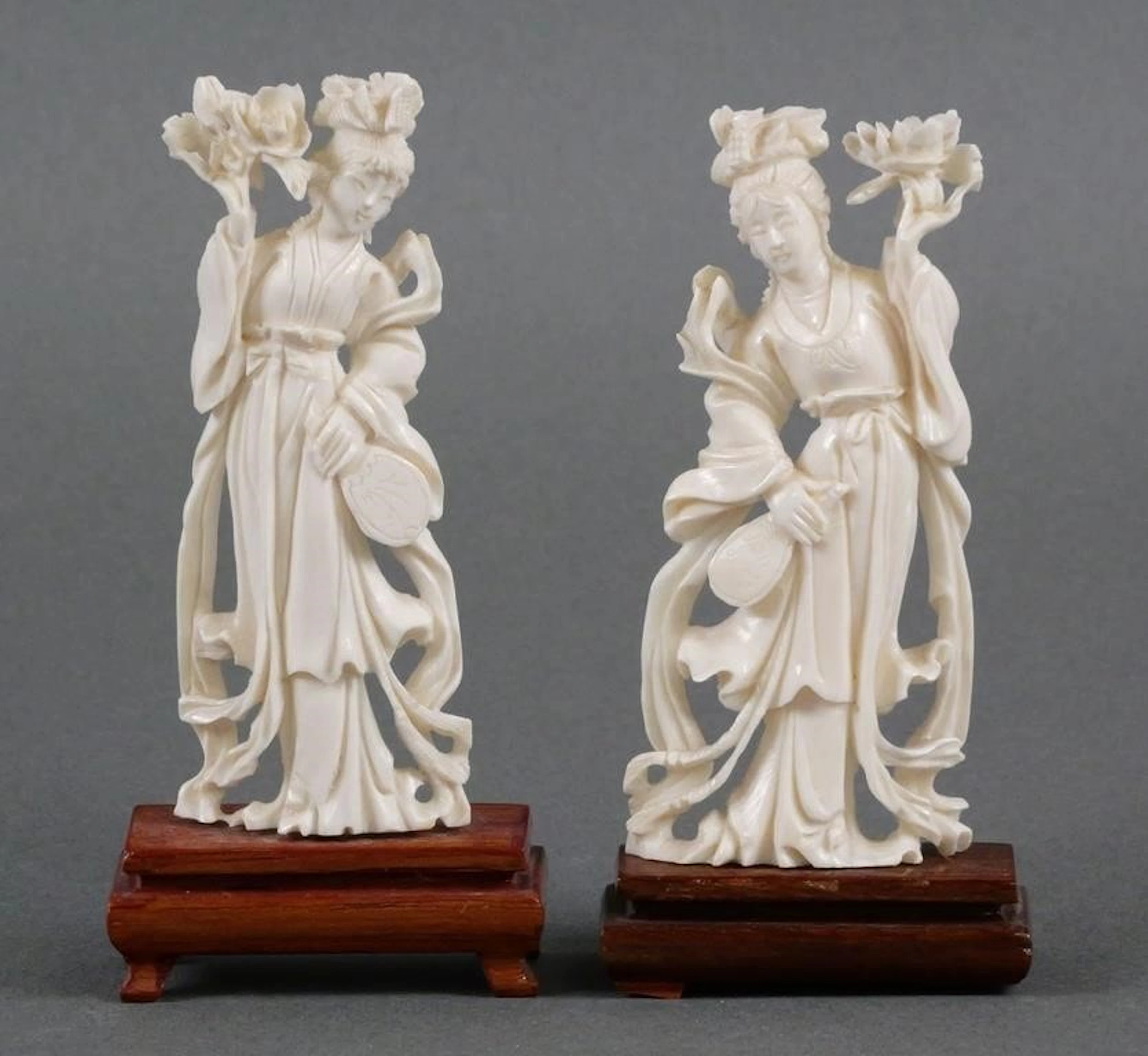 (2) Vintage Carved Ivory Chinese Guanyin Figures