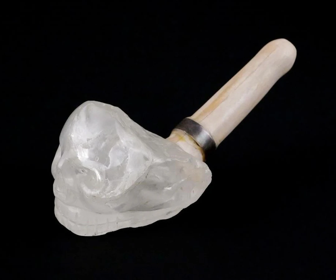 Carved Skull Pipe in Quartz Fossilized Wood SIlver