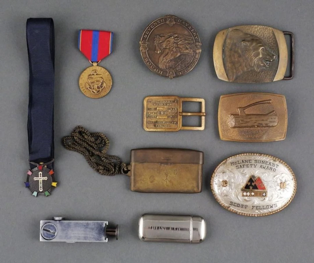 (10) Vintage Belt Buckles, Medals & Lighters