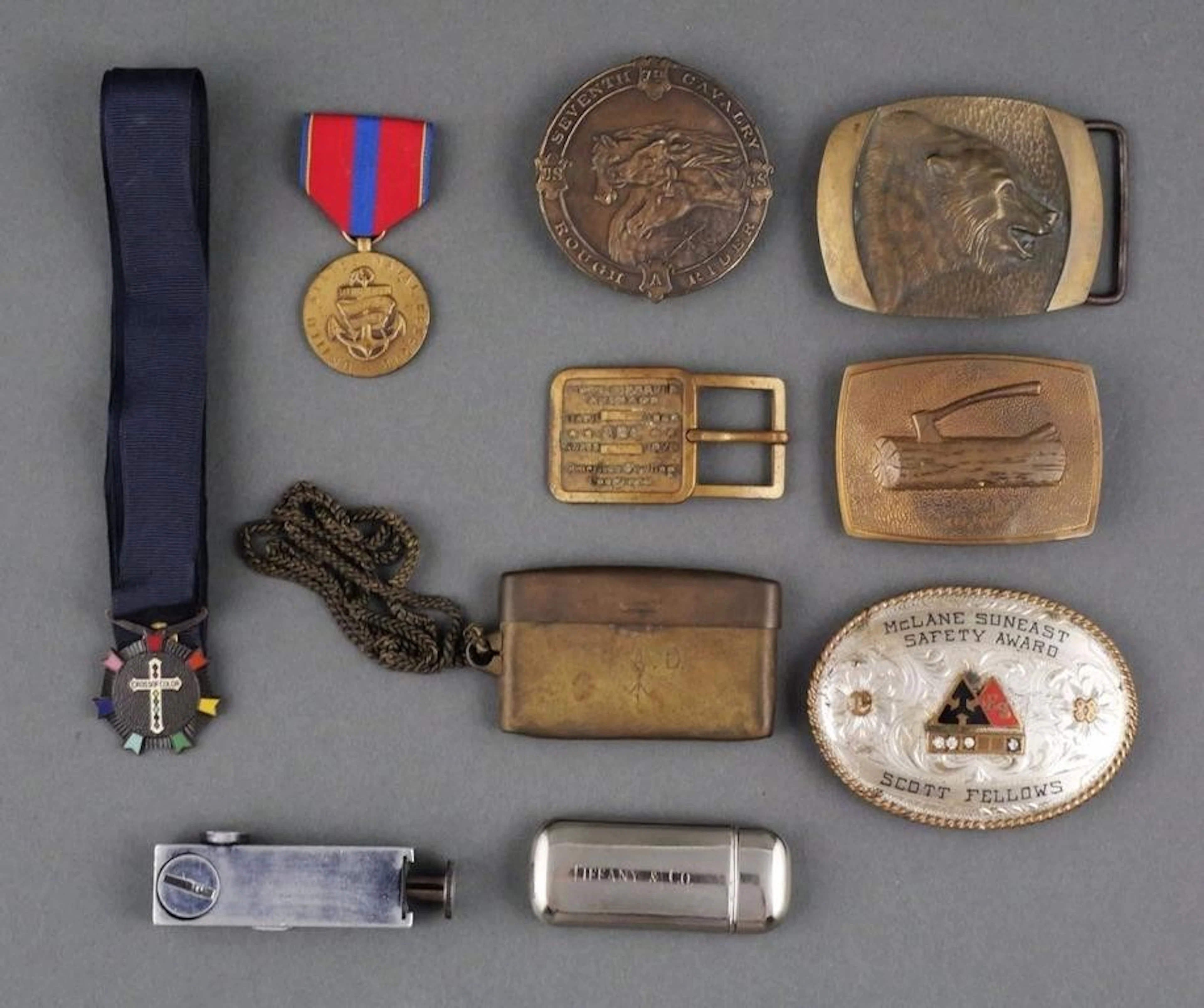 (10) Vintage Belt Buckles, Medals & Lighters