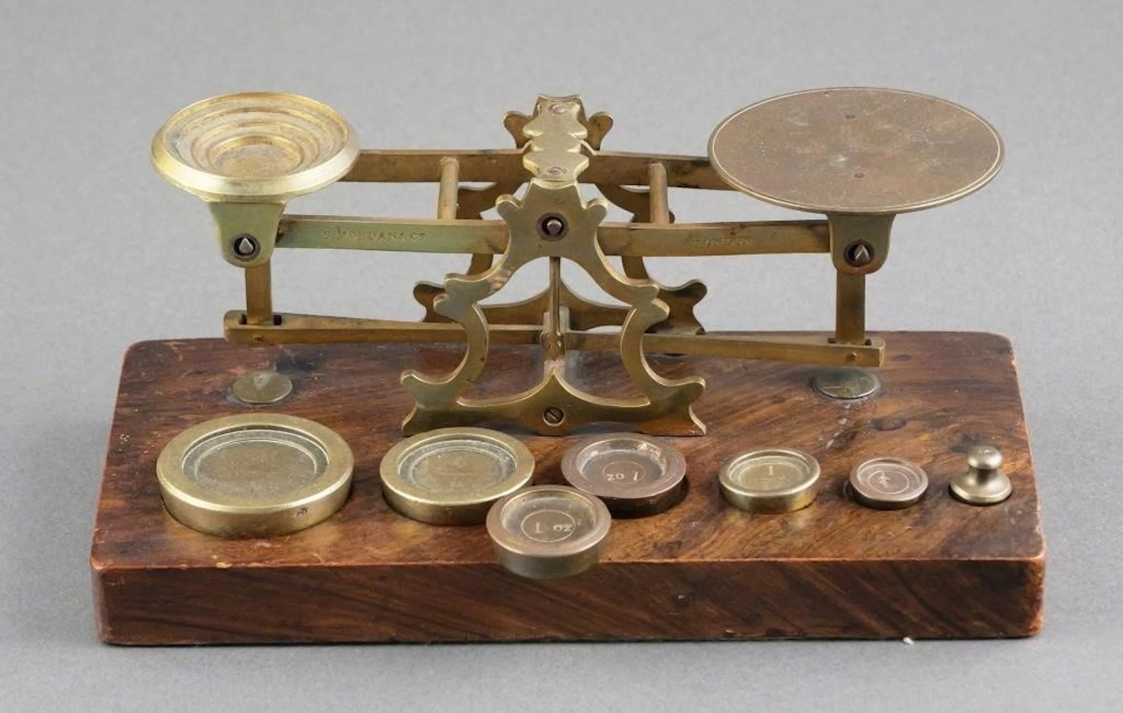 Victorian Brass Postal Scale S. Mordan 7 Weights