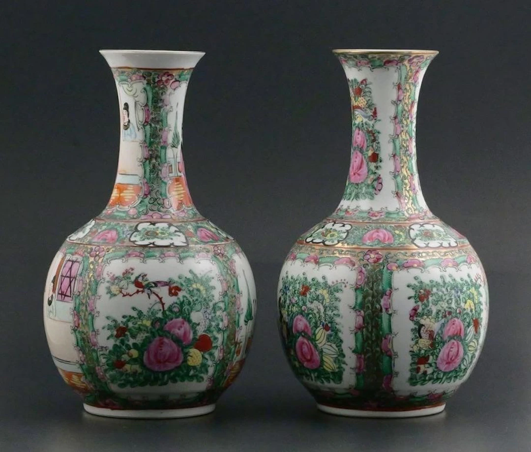 (2) Vtg Rose Medallion Chinese Export Vases