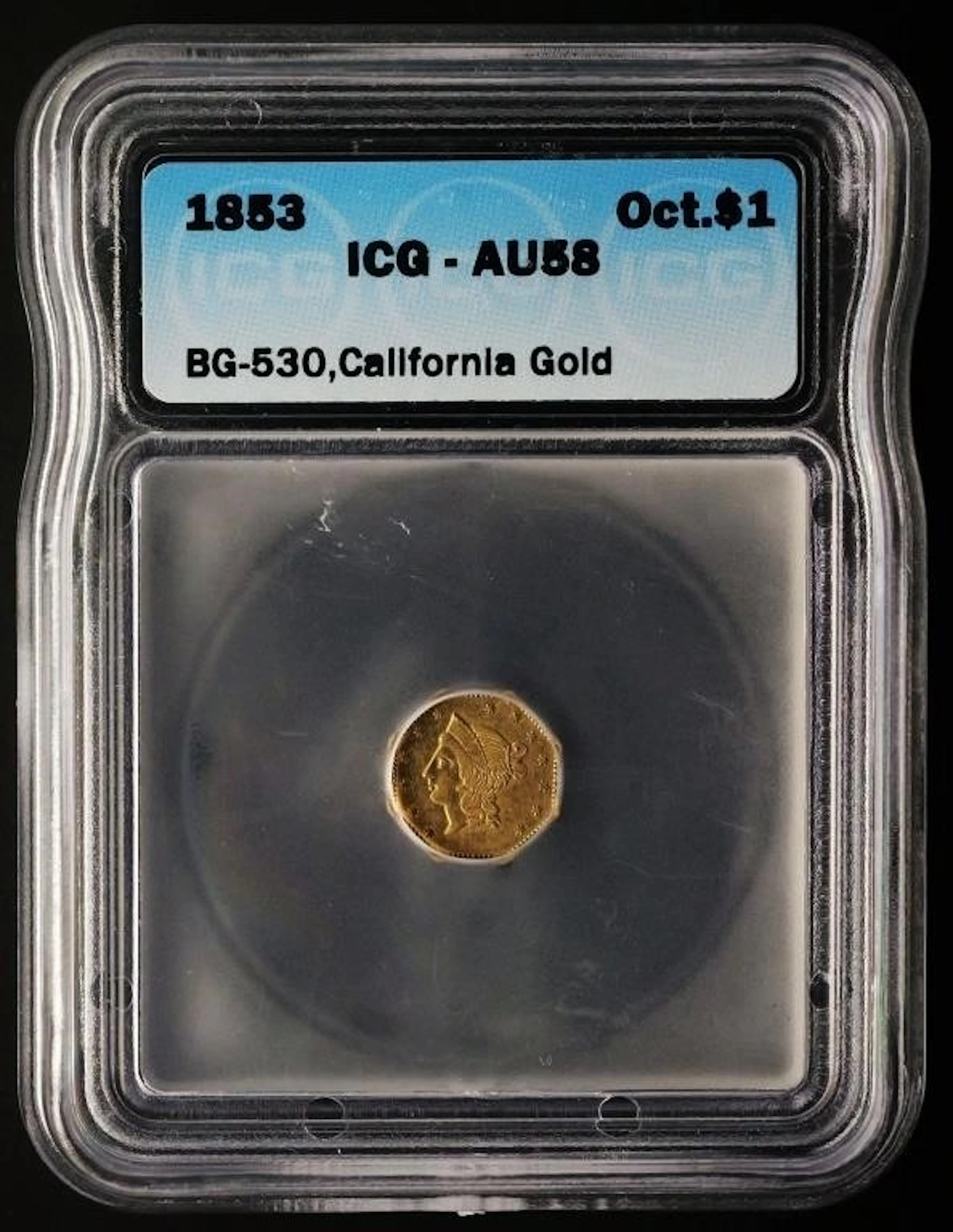 1853 California Gold Octagonal $1 ICG AU58