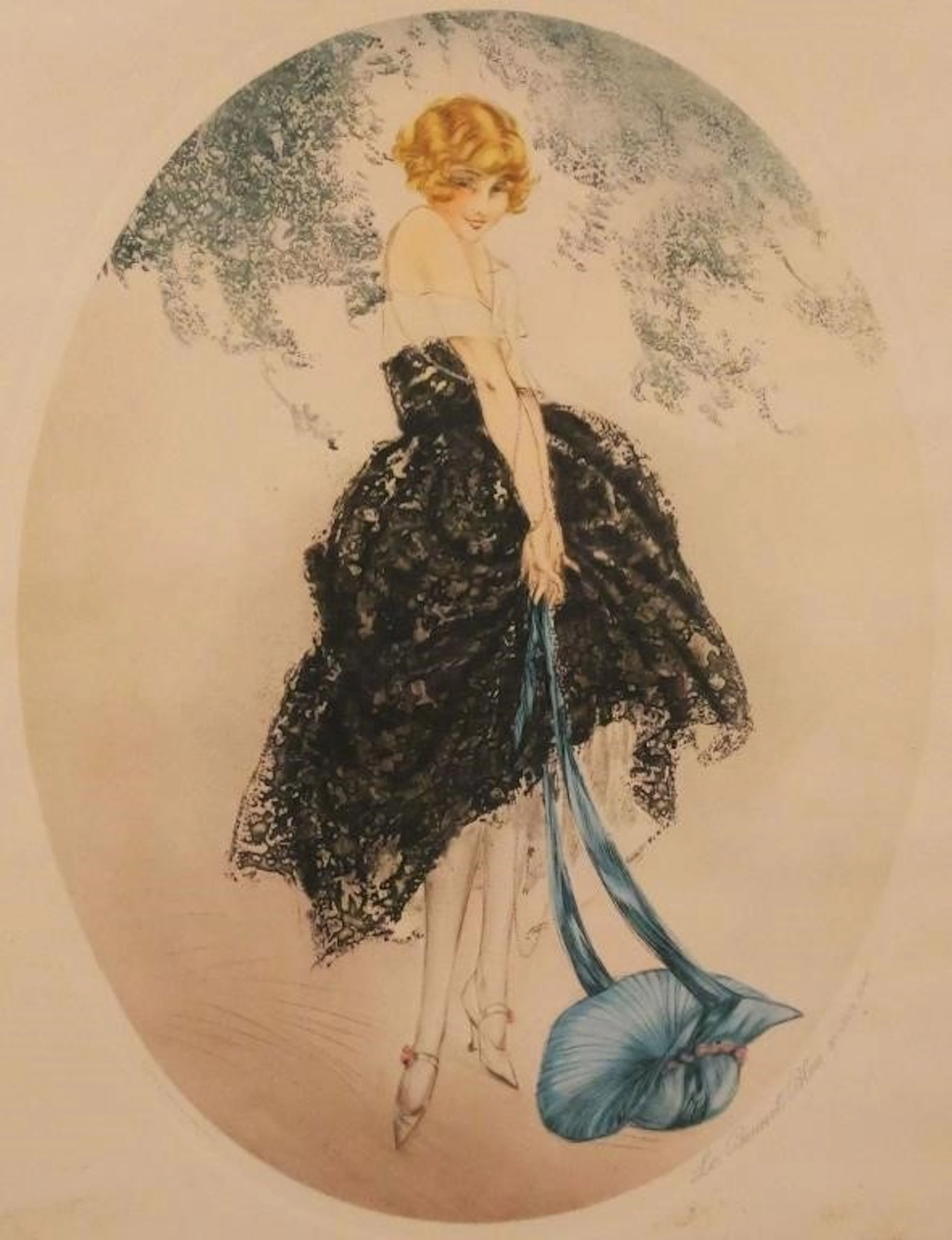 Vintage Framed Louis Icart Print, Le Bonnet Bleu
