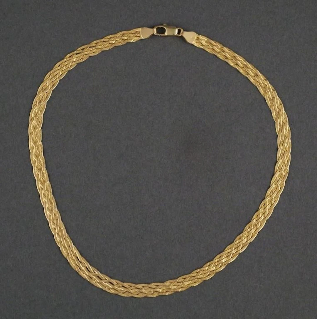 14K Gold 6 Textured Strand Braided Necklace