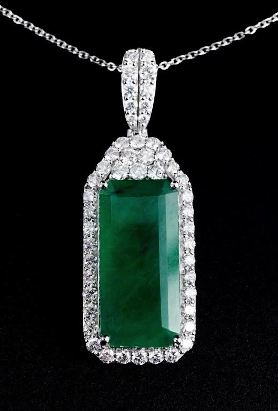 Platinum Emerald and Diamond Pendant w Chain