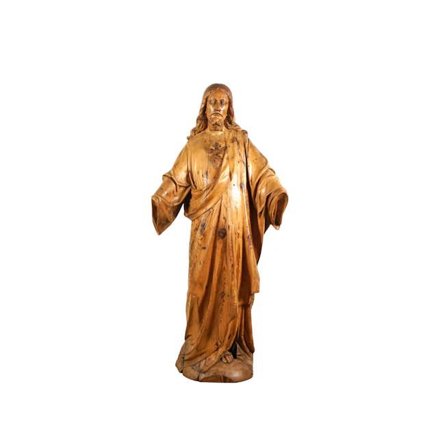 Christ au sacré coeur en mélèze figurant le Christ paré d'une tunique