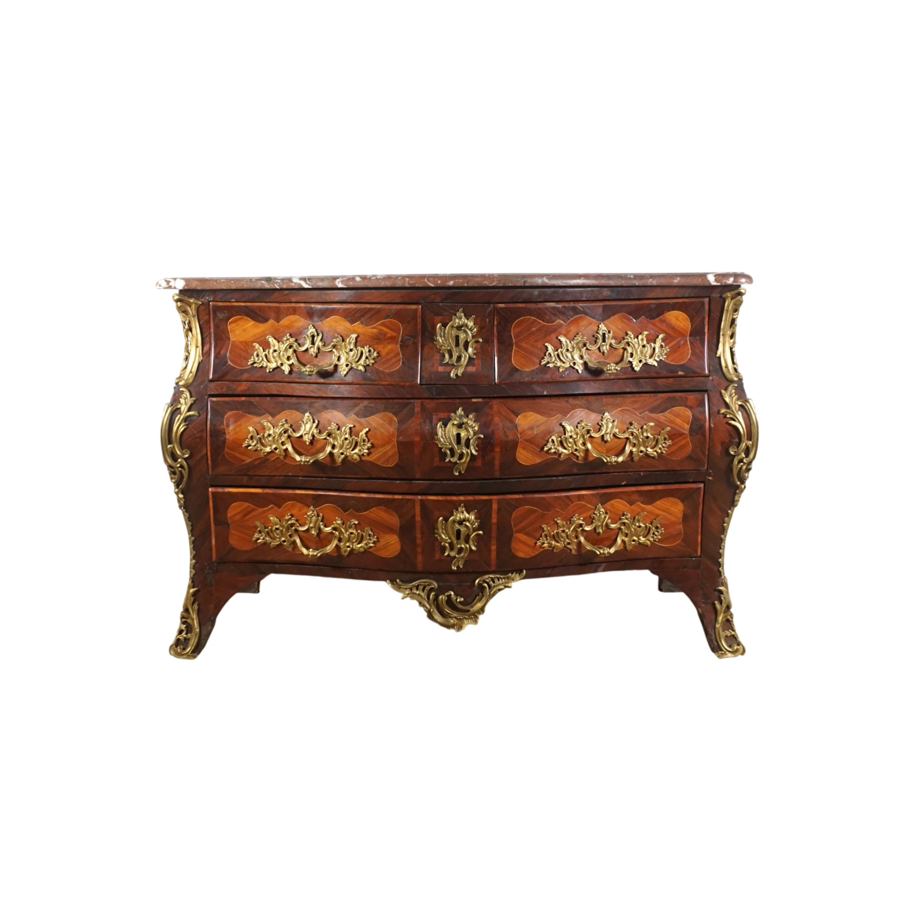 Commode galbée dite tombeau bois et frisage de bois de...