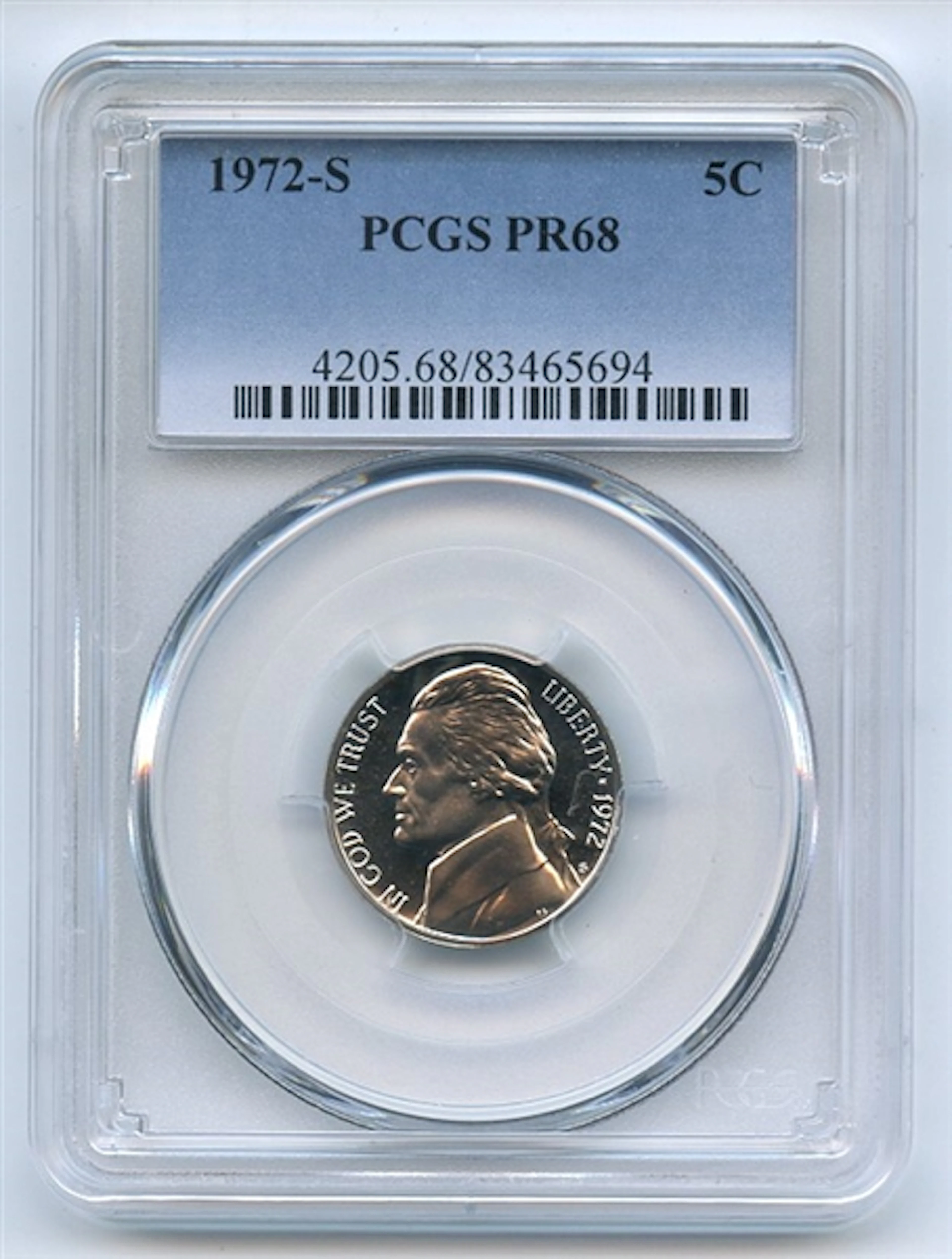 1972 S 5C Jefferson Nickel PCGS PR68 coin