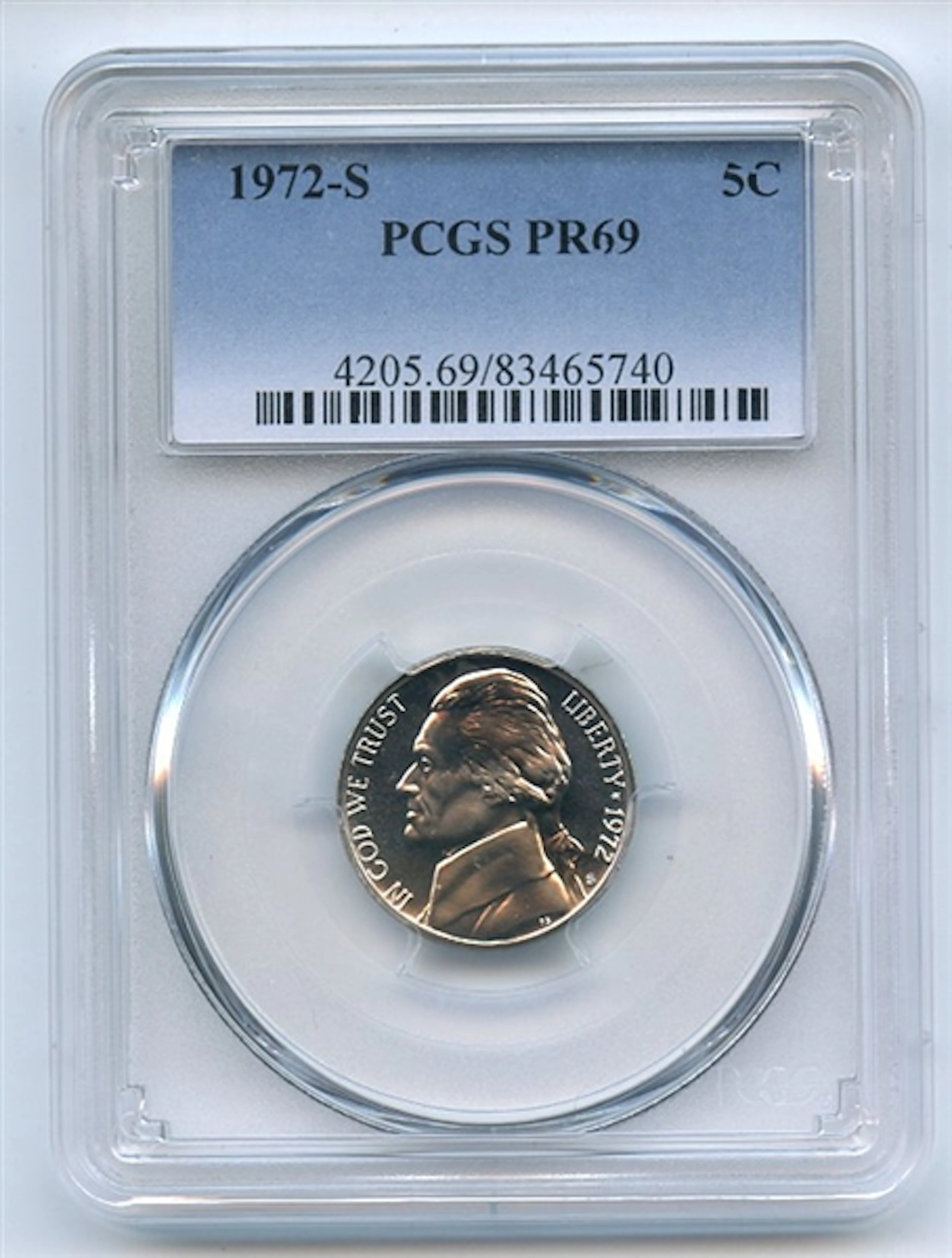 1972 S 5C Jefferson Nickel PCGS PR69 coin