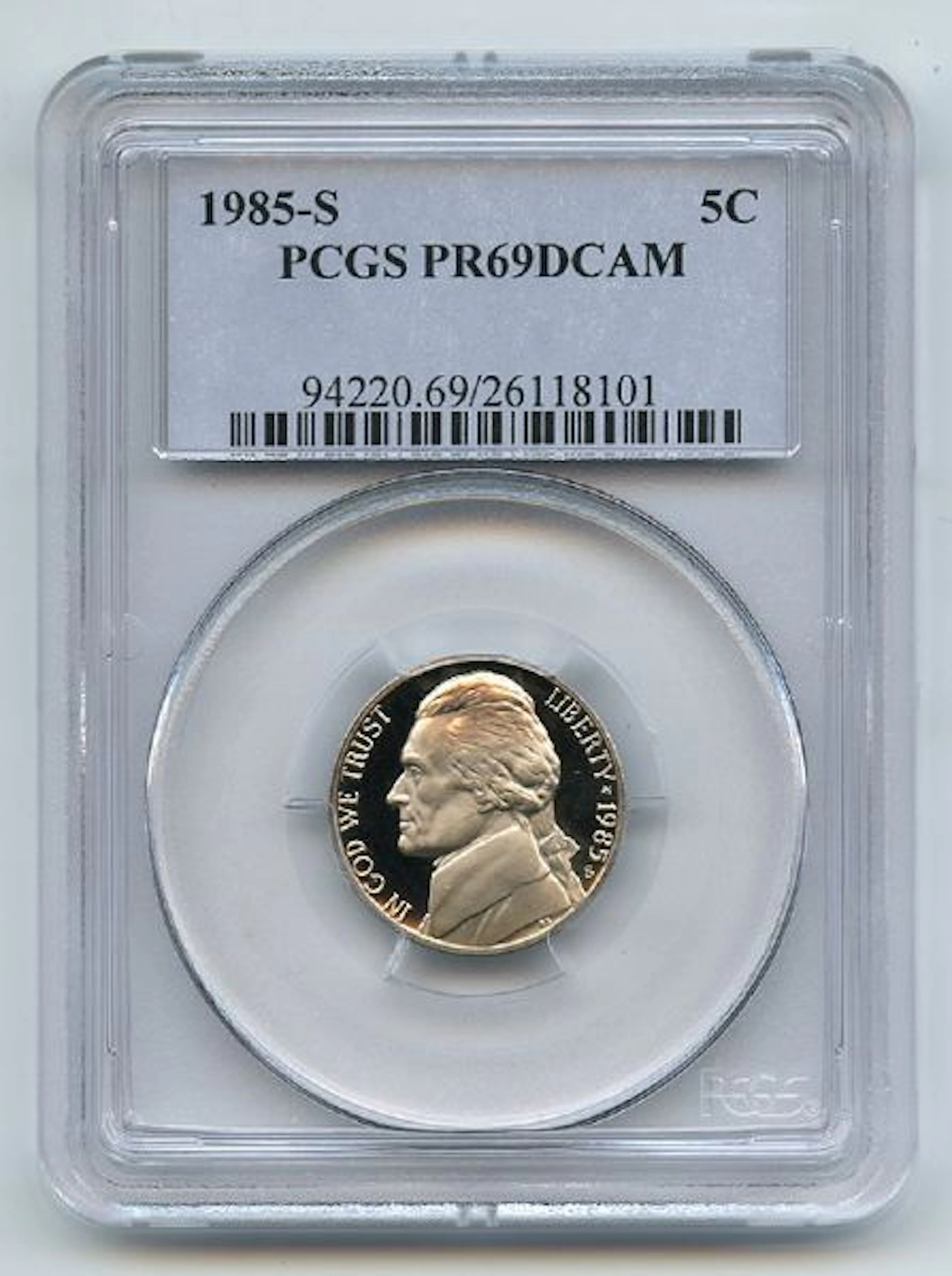1985 S 5C Jefferson Nickel Proof PCGS PR69DCAM coin