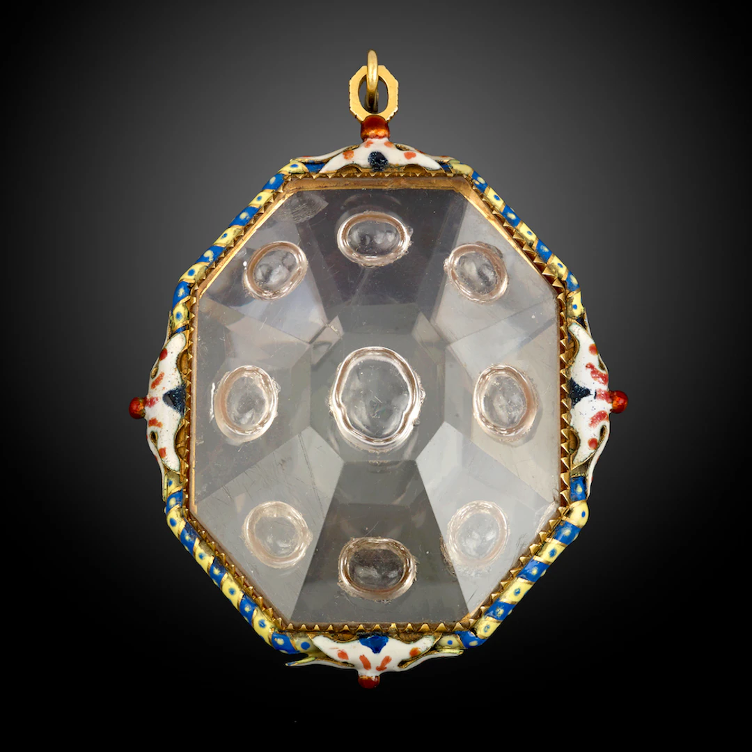 A rock crystal locket, mounted with gold and enamels; Italian or Spanish