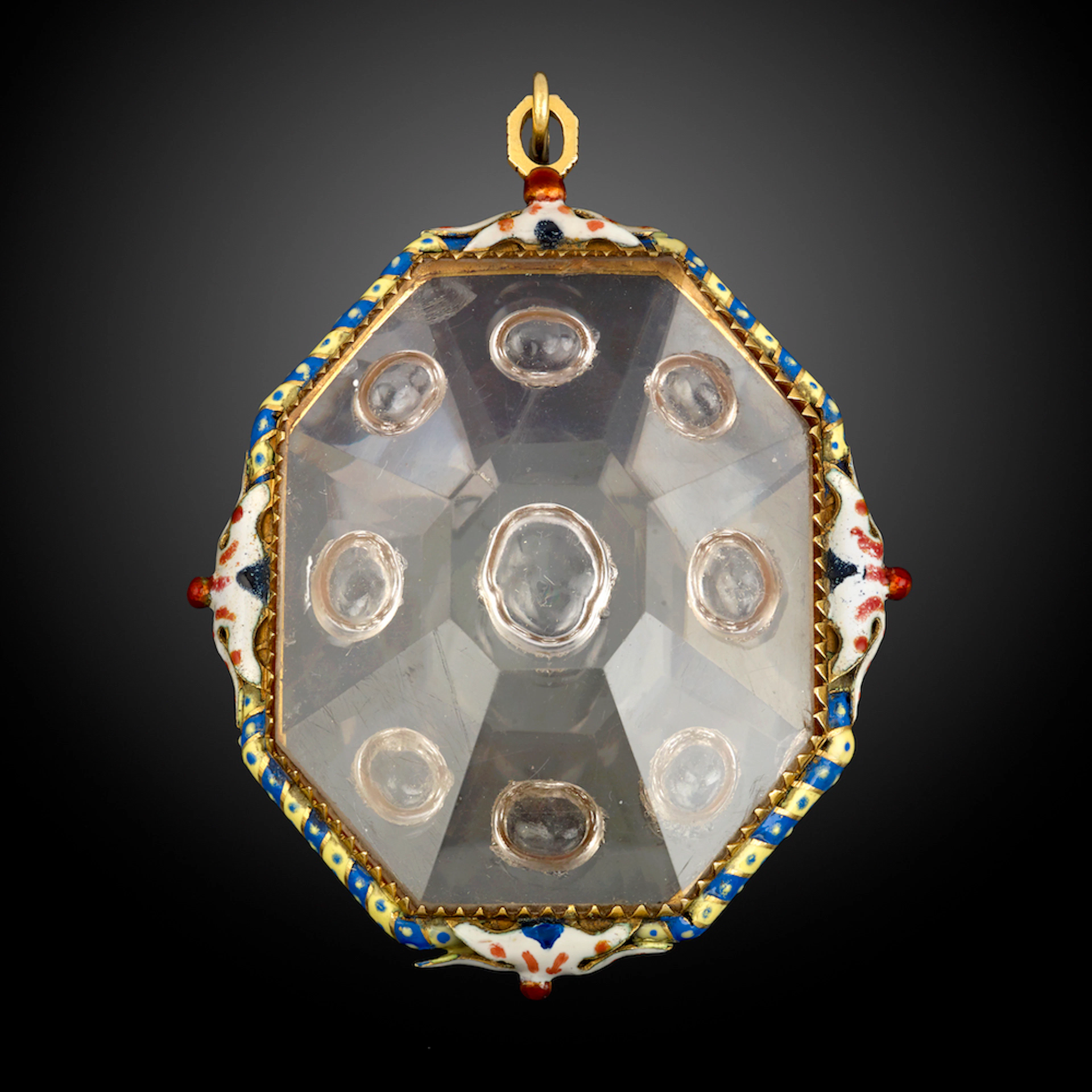 A rock crystal locket, mounted with gold and enamels; Italian or Spanish