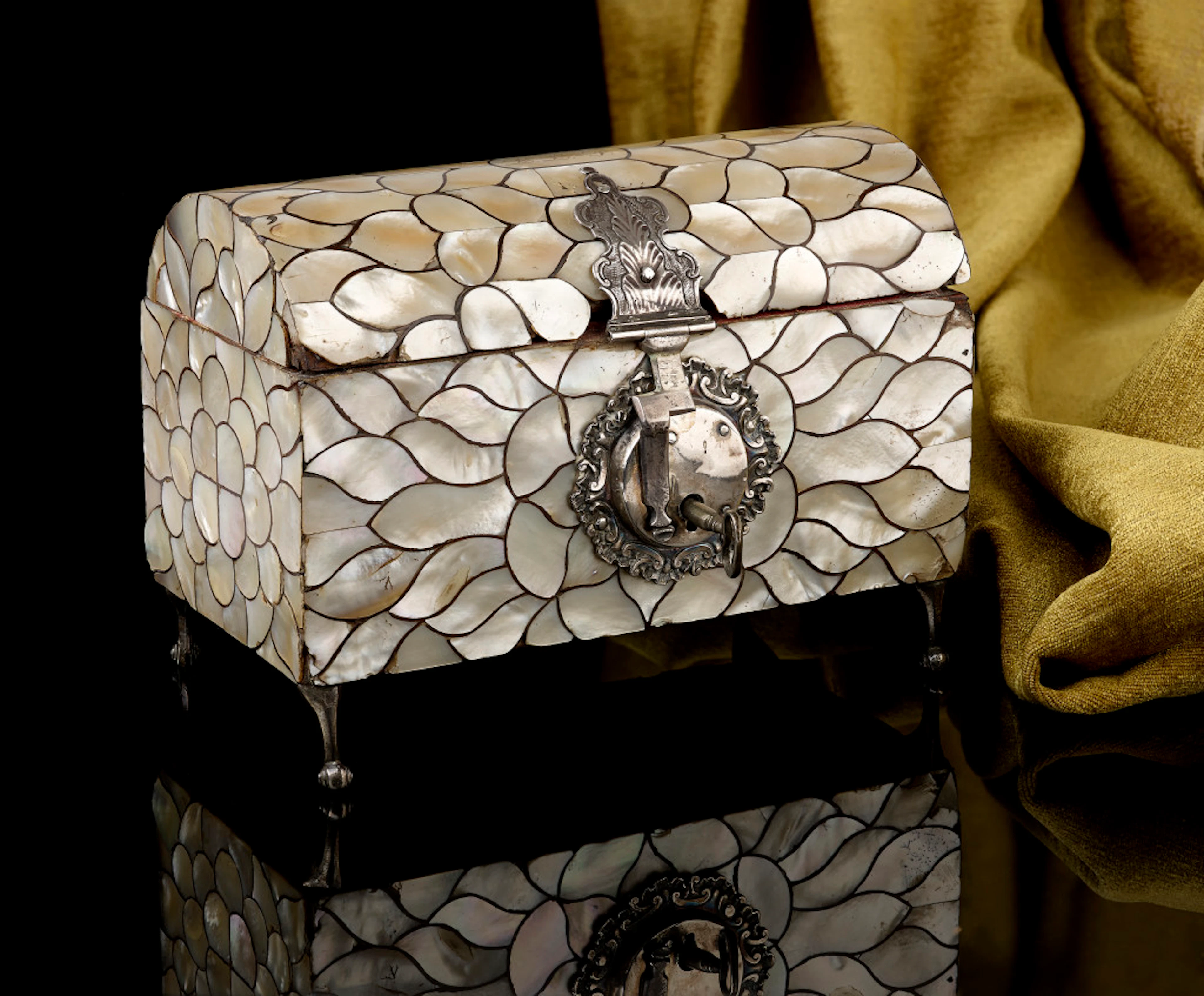 A Spanish Colonial Antique Mother of pearl casket with silver mounts