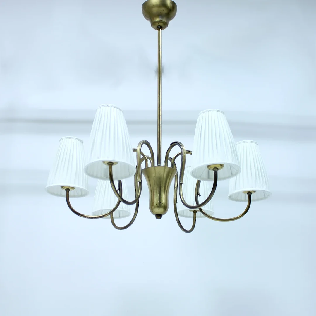 Swedish Modern, 6-light brass chandelier, 1930s/1940s