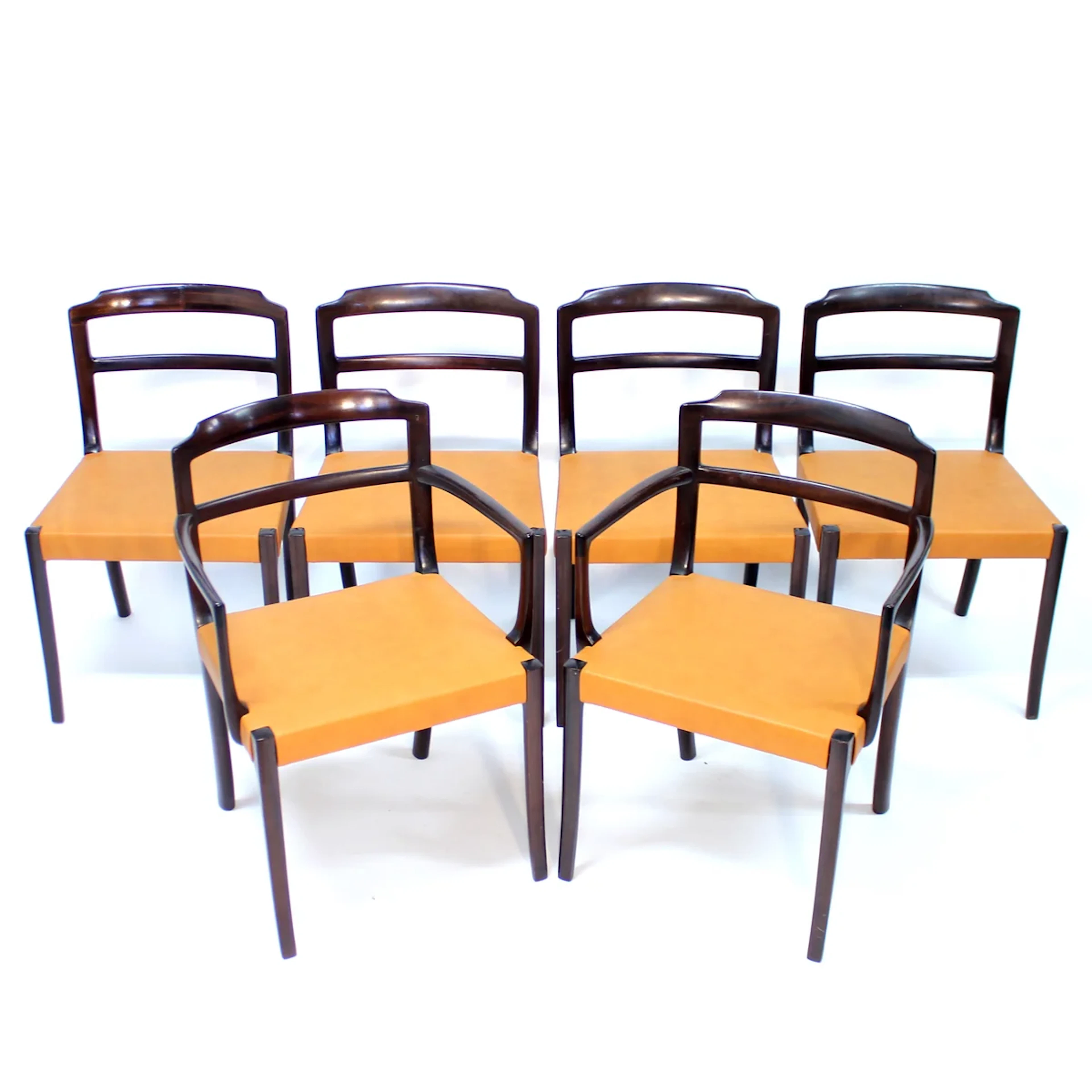 Ole Wanscher, set of 6 Danish leather and Mahogany dining chairs for