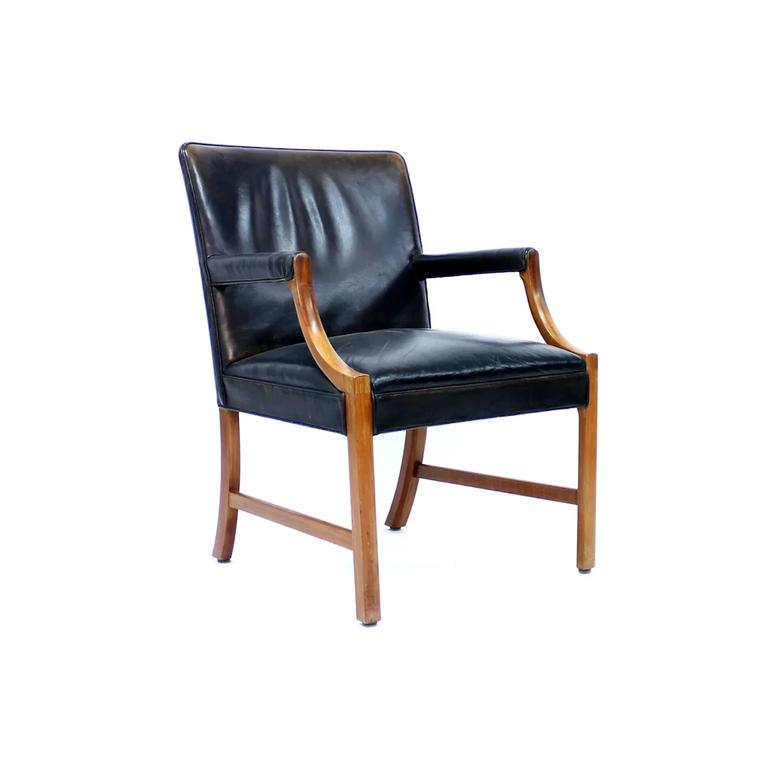 Ole Wanscher, Danish leather and Mahogany lounge chair for A.J. Iversen, 1940s