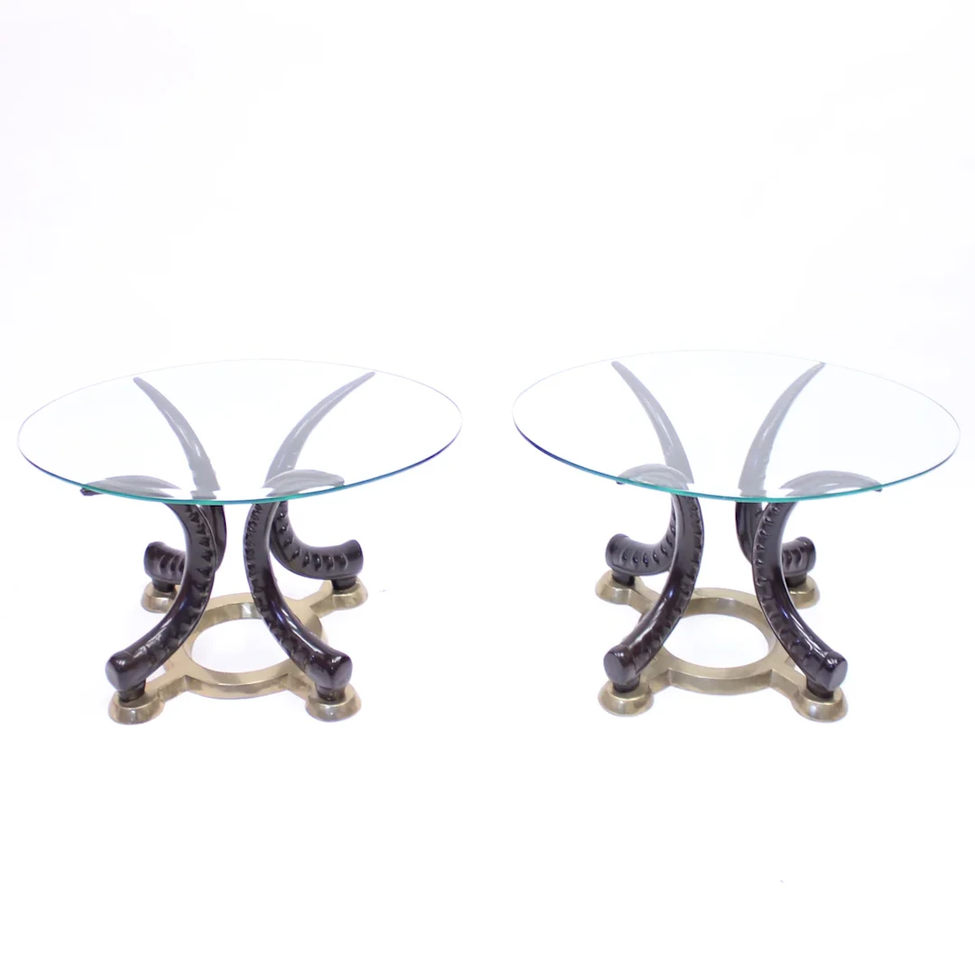 Pair of vintage brass and faux tusks side or coffee tables, ca 1980