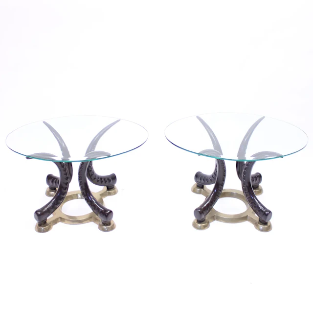 Pair of vintage brass and faux tusks side or coffee tables, ca 1980
