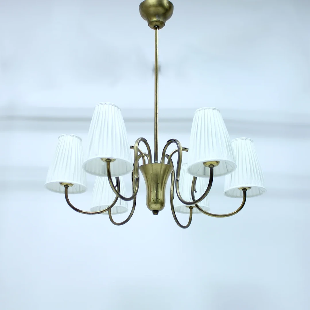Swedish Modern, 6-light brass chandelier, 1930s/1940s
