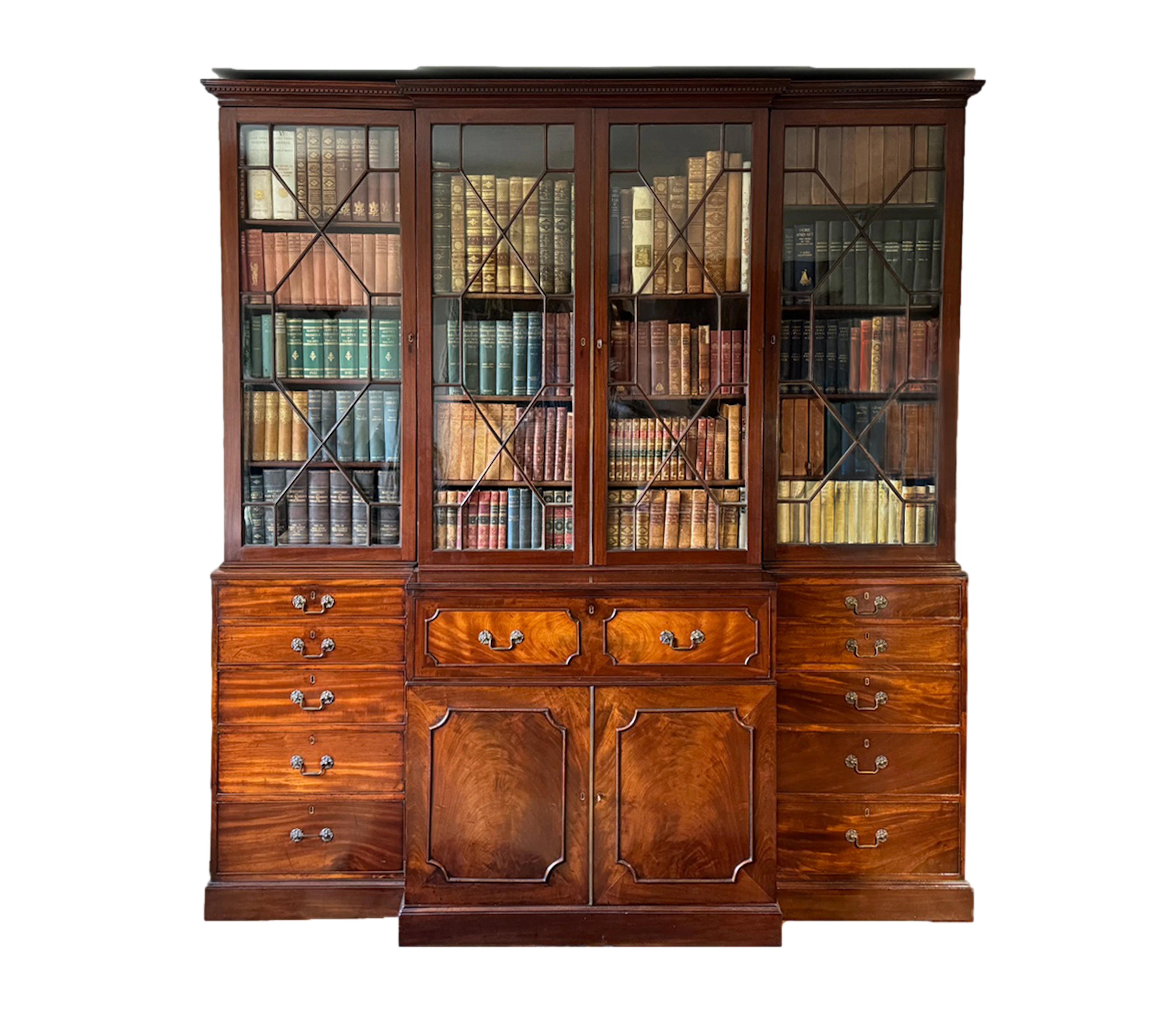 Chippendale Mahogany Secretaire Breakfront Library Bookcase