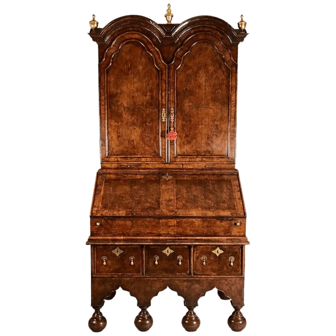 William & Mary walnut double dome bureau bookcase/ cabinet