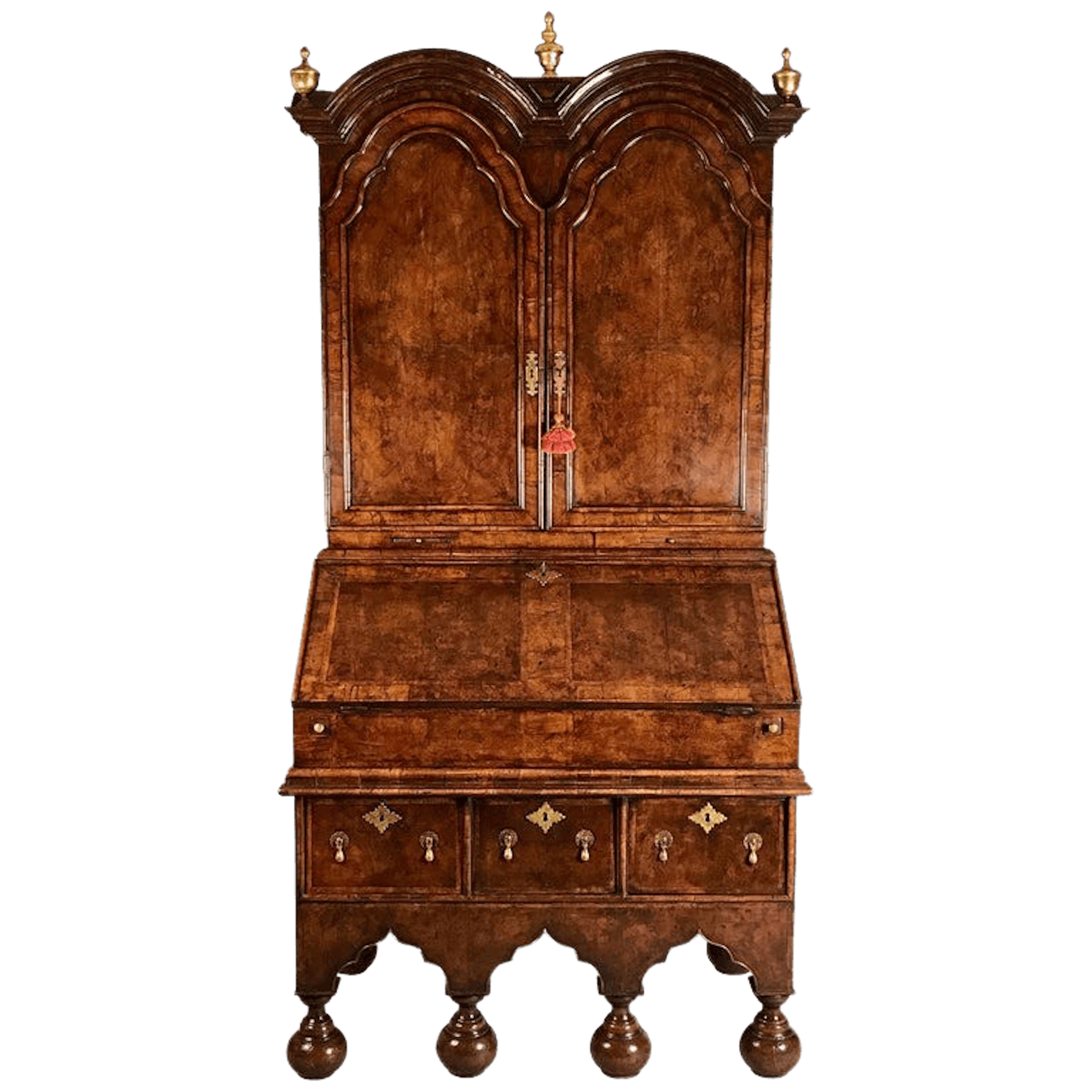William & Mary walnut double dome bureau bookcase/ cabinet