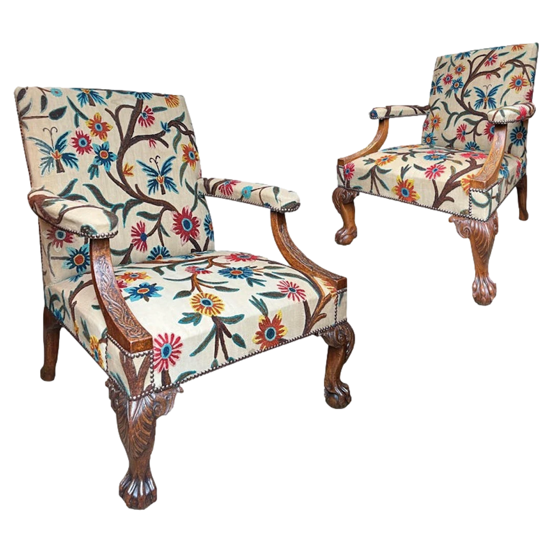 Exceptional Pair George II Carved Walnut Library Armchairs