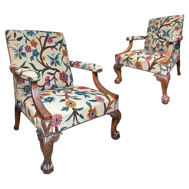 Exceptional Pair George II Carved Walnut Library Armchairs