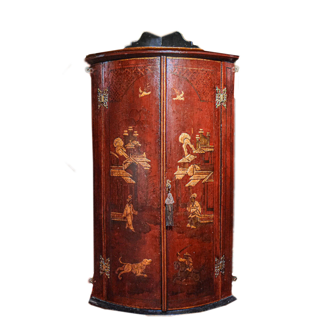 Early 18th Century Red Japanned Cabinet Corner Cupboard