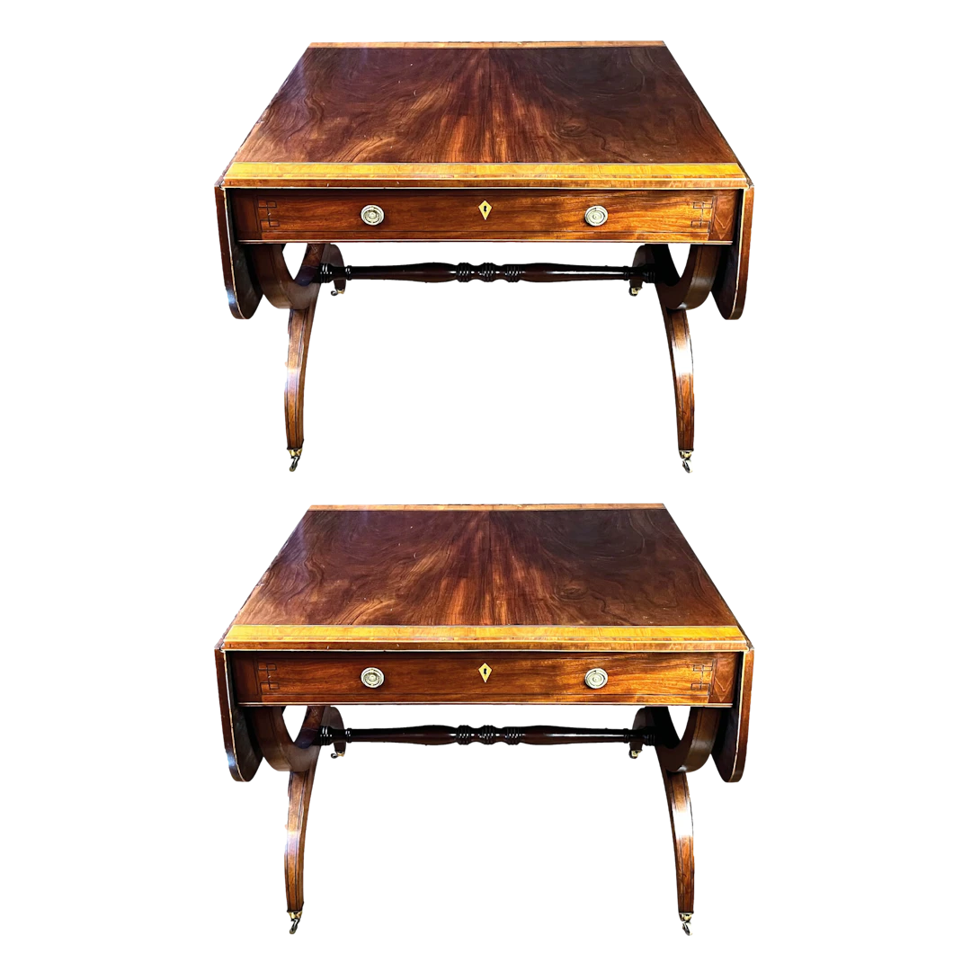 Fine pair Regency mahogany & satinwood-inlaid sofa tables