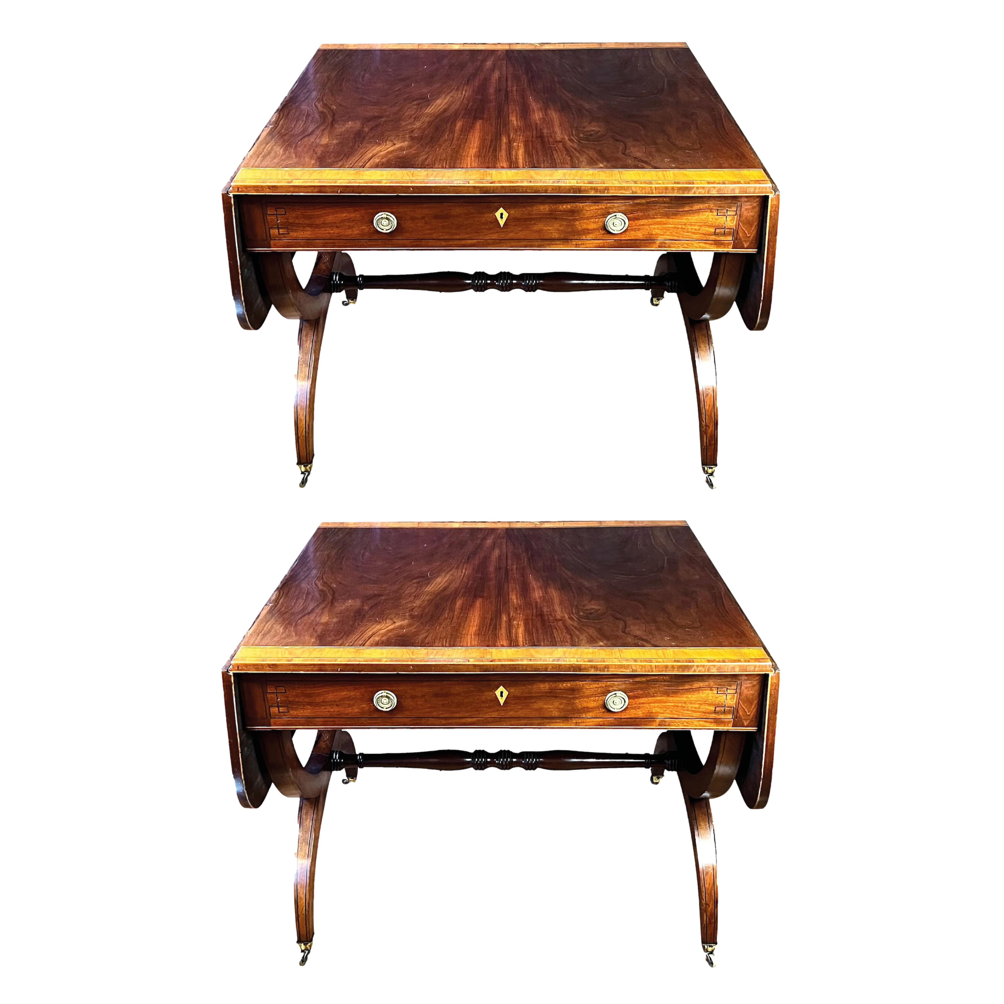 Fine pair Regency mahogany & satinwood-inlaid sofa tables